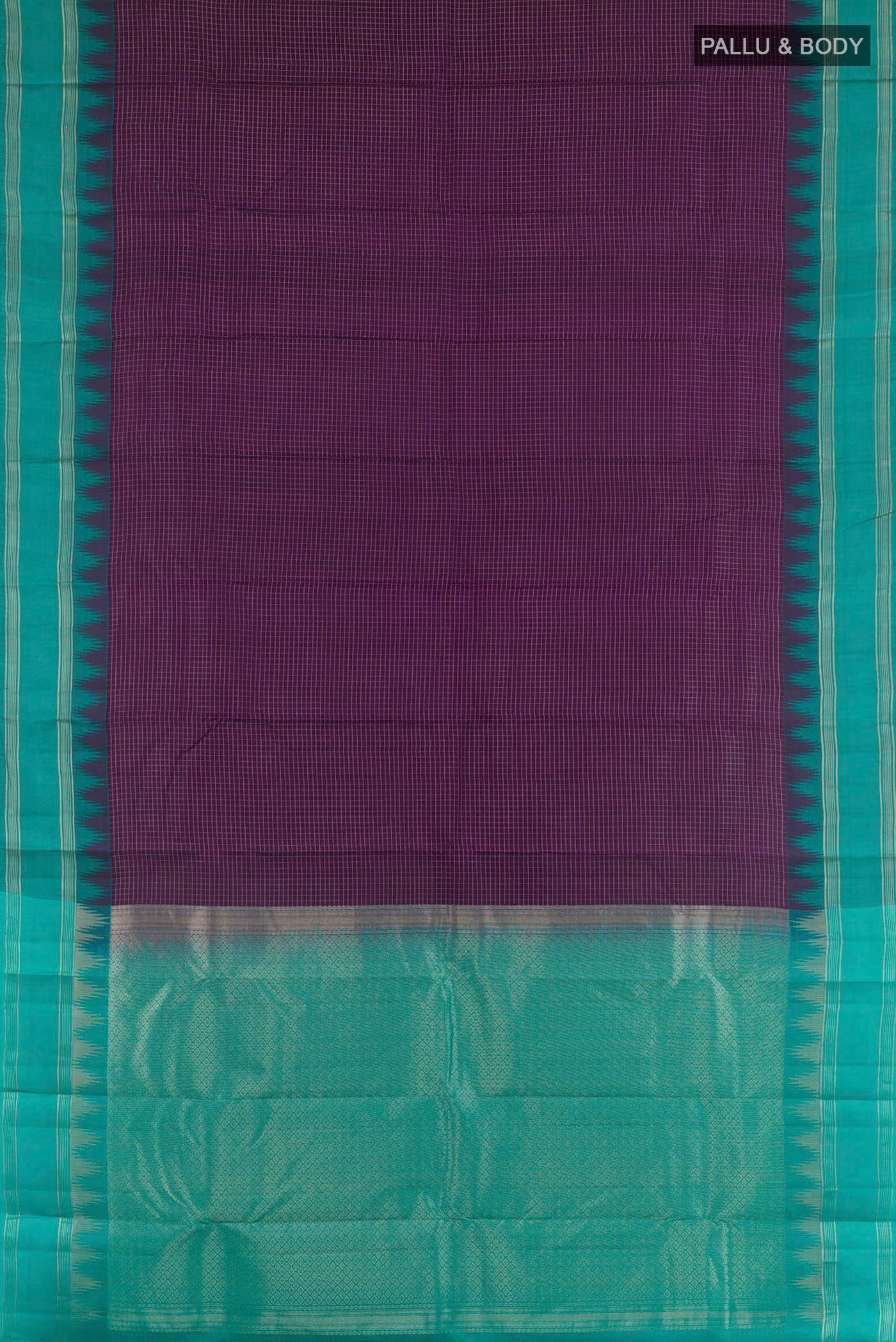 Flat view of Purple Kanchipuram Silk Saree with Checked design on the body and Zari Border. 