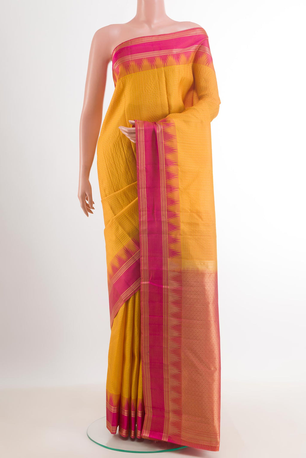 Yellow Dual Tone Kanchipuram Silk Saree with Checked design on the body and Zari Border.  displayed on a mannequin