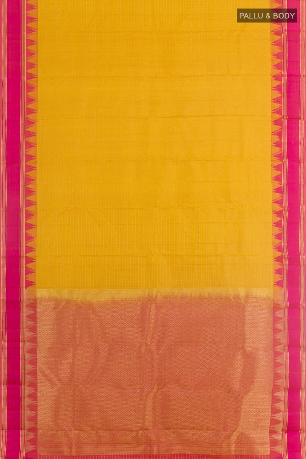 Flat view of Yellow Dual Tone Kanchipuram Silk Saree with Checked design on the body and Zari Border. 