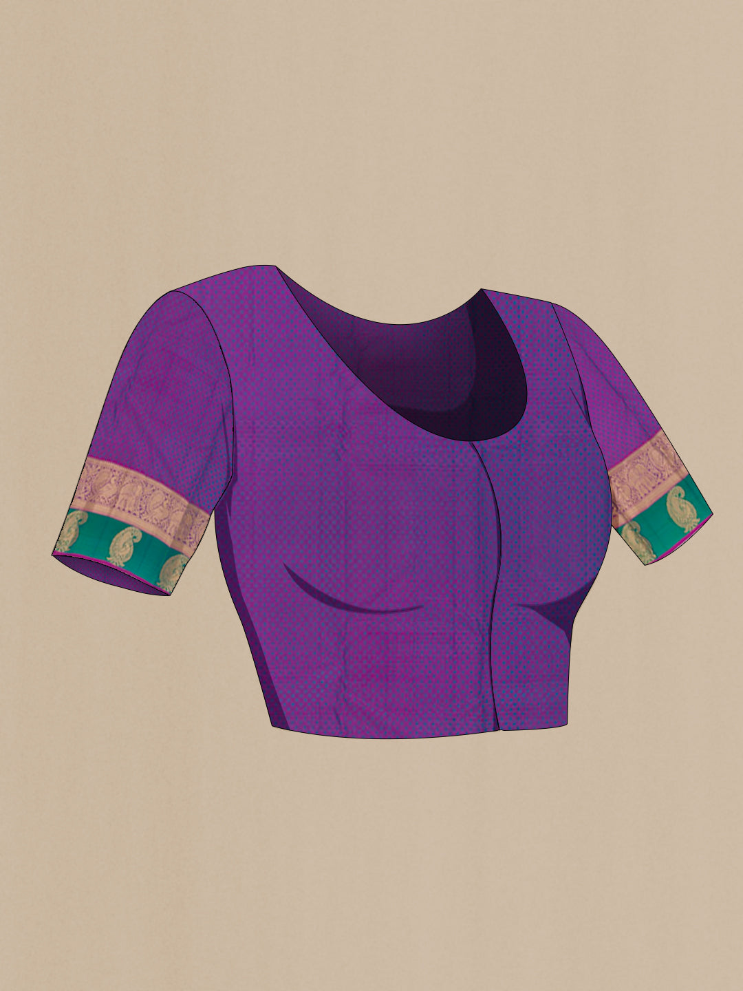 Close up image of the blouse of Green Kanjivaram Silk Saree with Jacquard design on the body and Zari Border. 