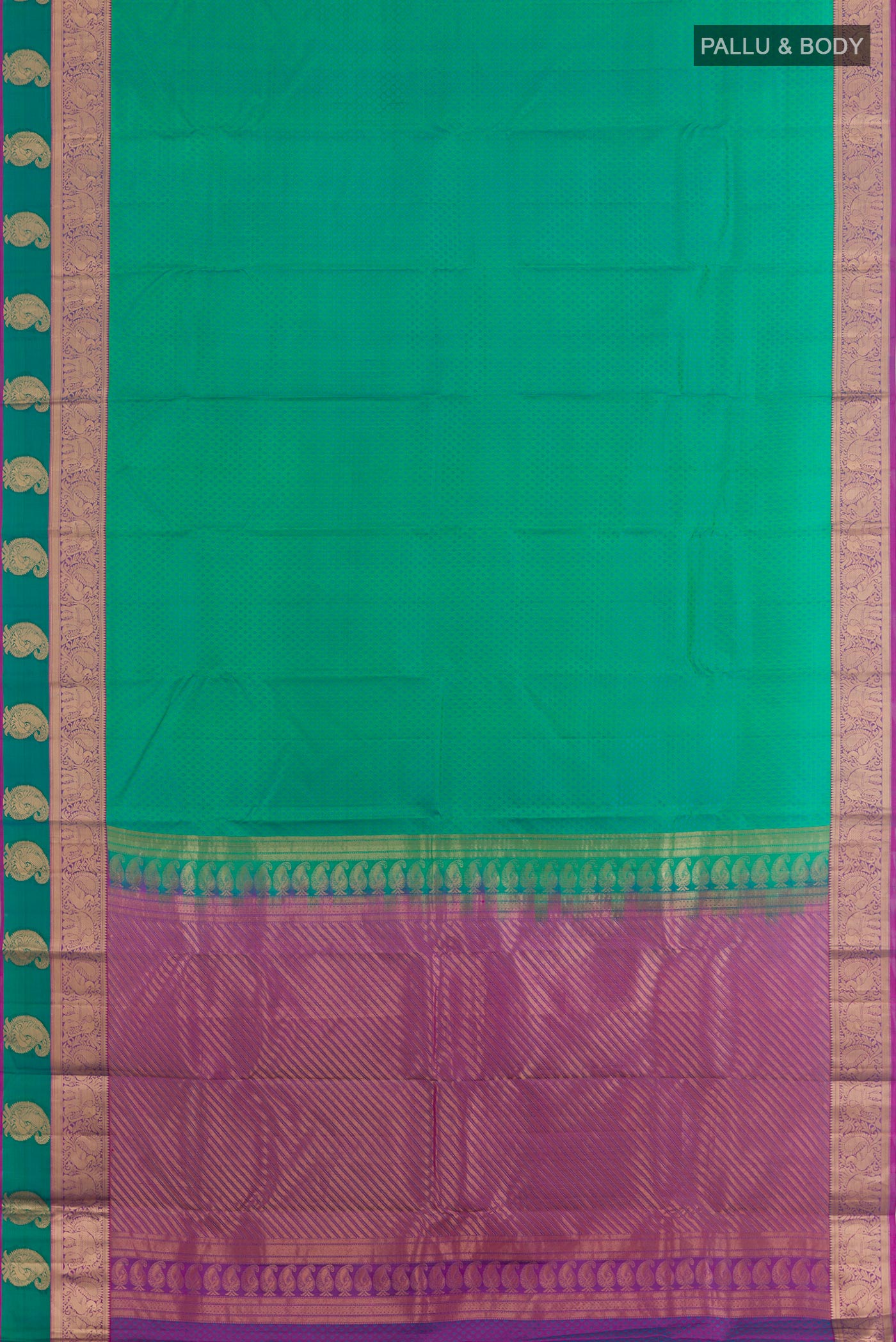 Flat view of Green Kanjivaram Silk Saree with Jacquard design on the body and Zari Border. 