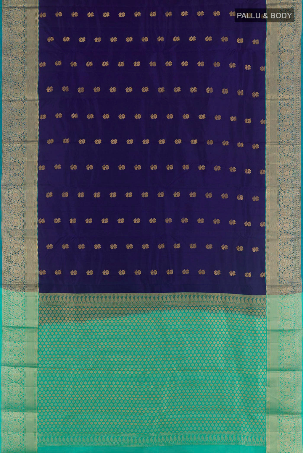 Flat view of Dark Blue Kanjivaram Silk Saree with Zari Butta on the body and Zari Border. 