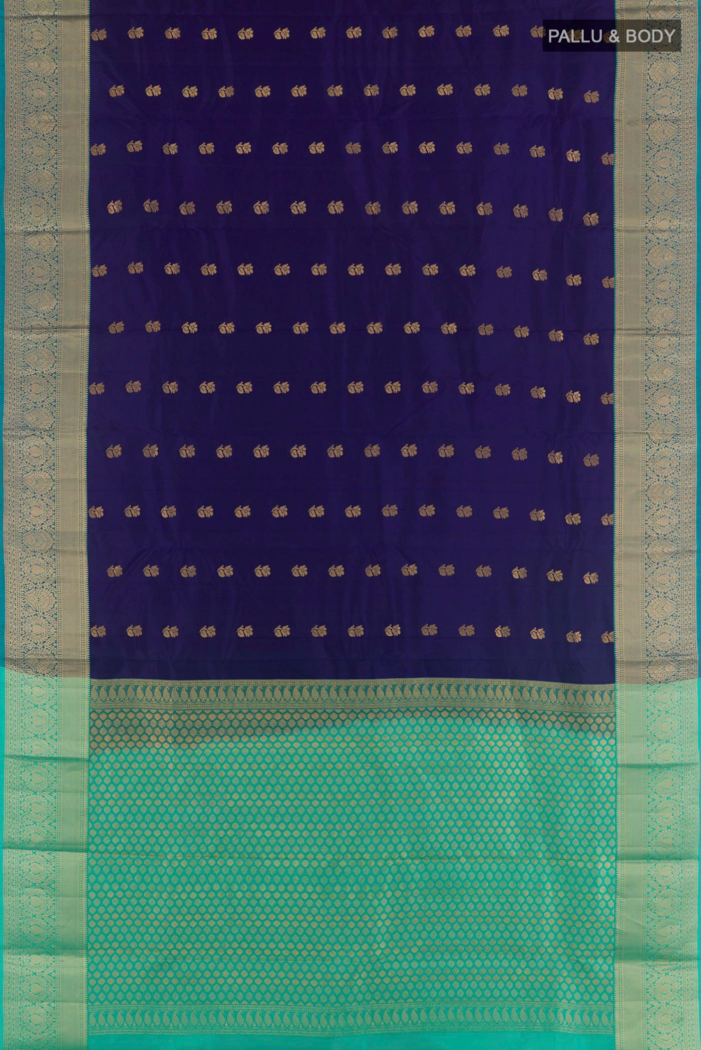 Flat view of Dark Blue Kanjivaram Silk Saree with Zari Butta on the body and Zari Border. 