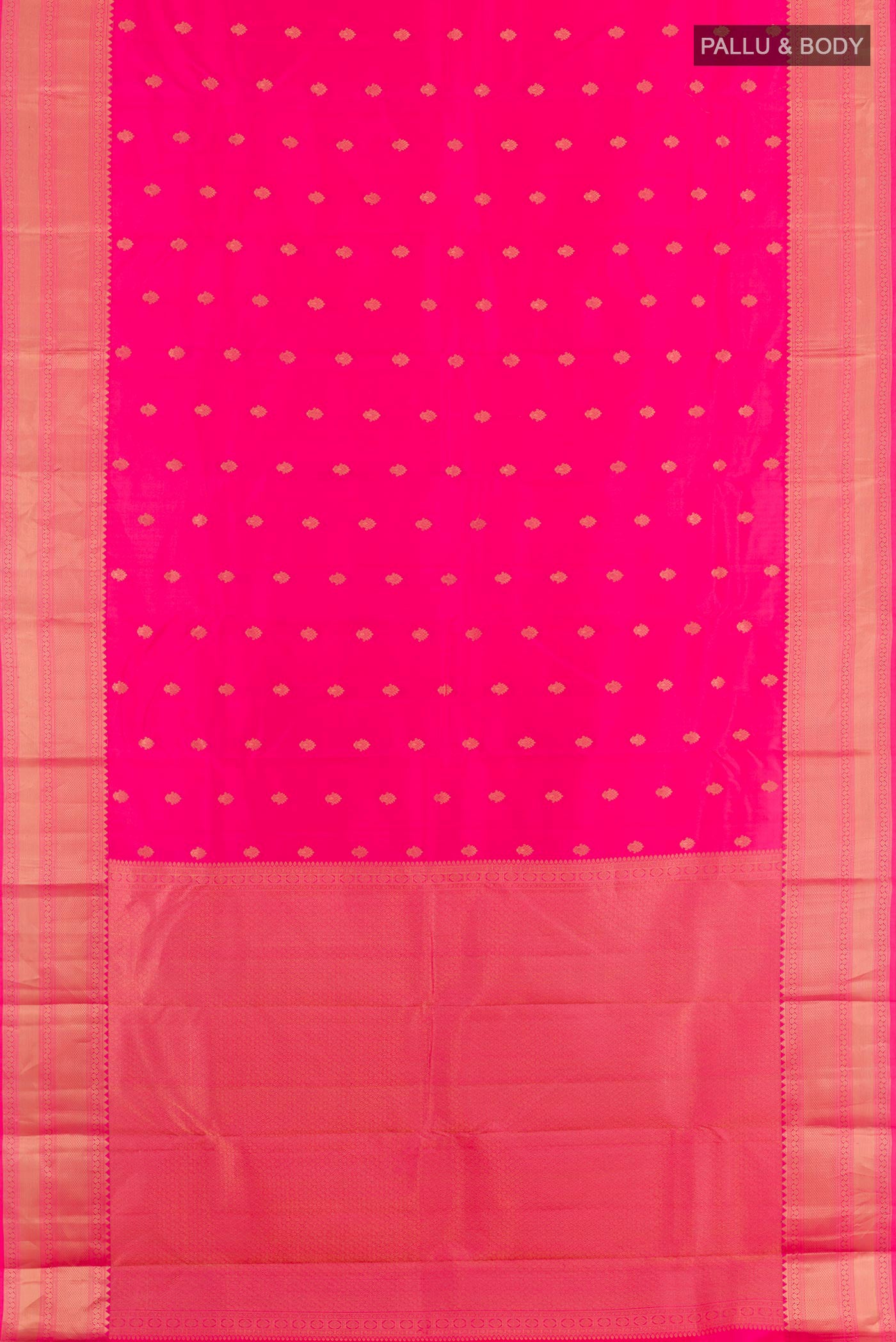 Flat view of Pink Dual Tone Kanchipuram Silk Saree with Zari Butta on the body and Zari Border. 