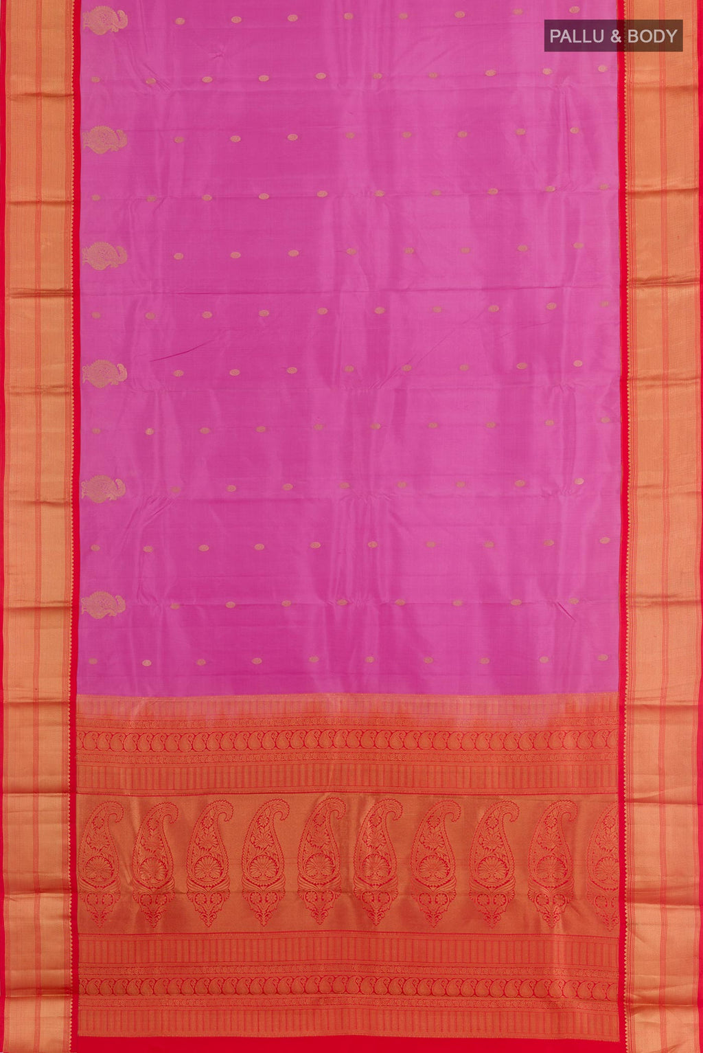 Flat view of Lavender Kanchipuram Silk Saree with Zari Butta on the body and Zari Border. 