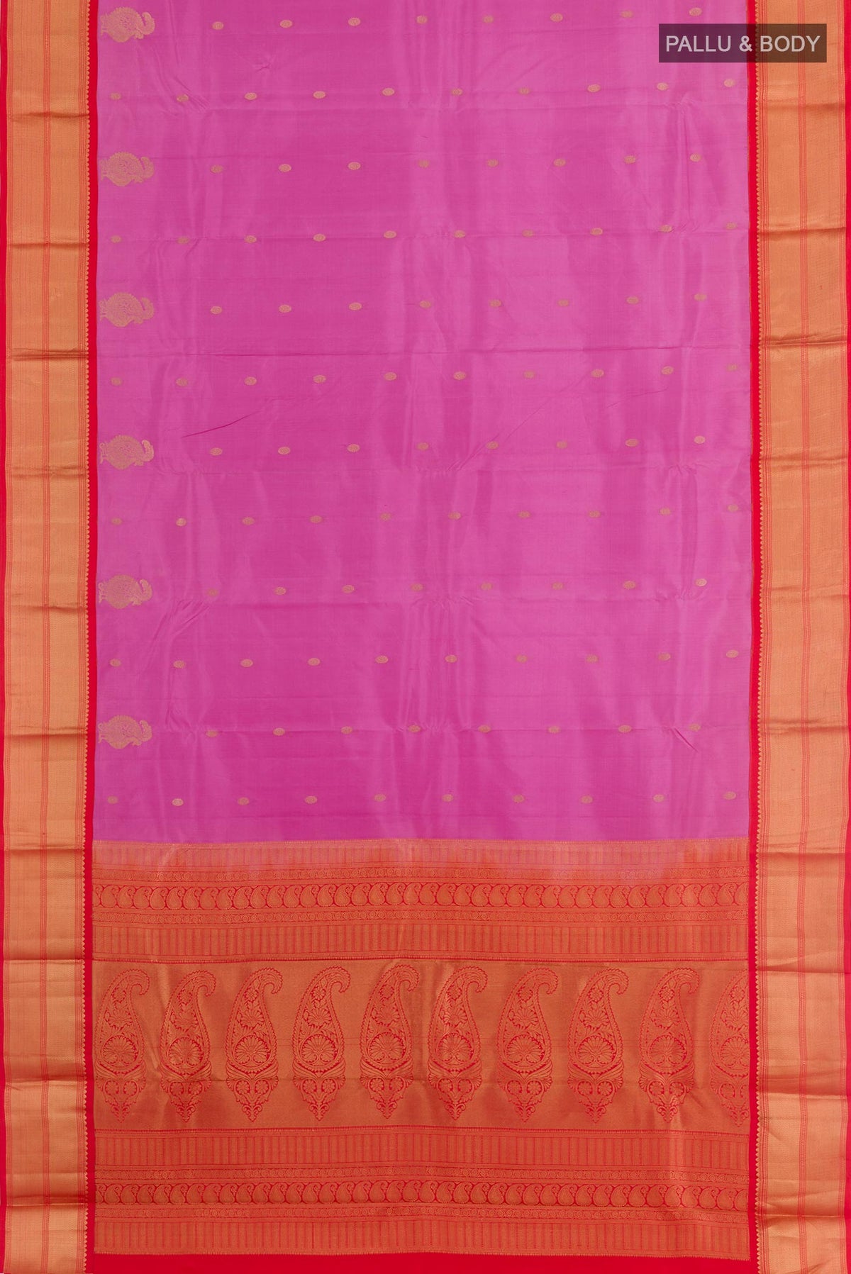 Flat view of Lavender Kanchipuram Silk Saree with Zari Butta on the body and Zari Border. 