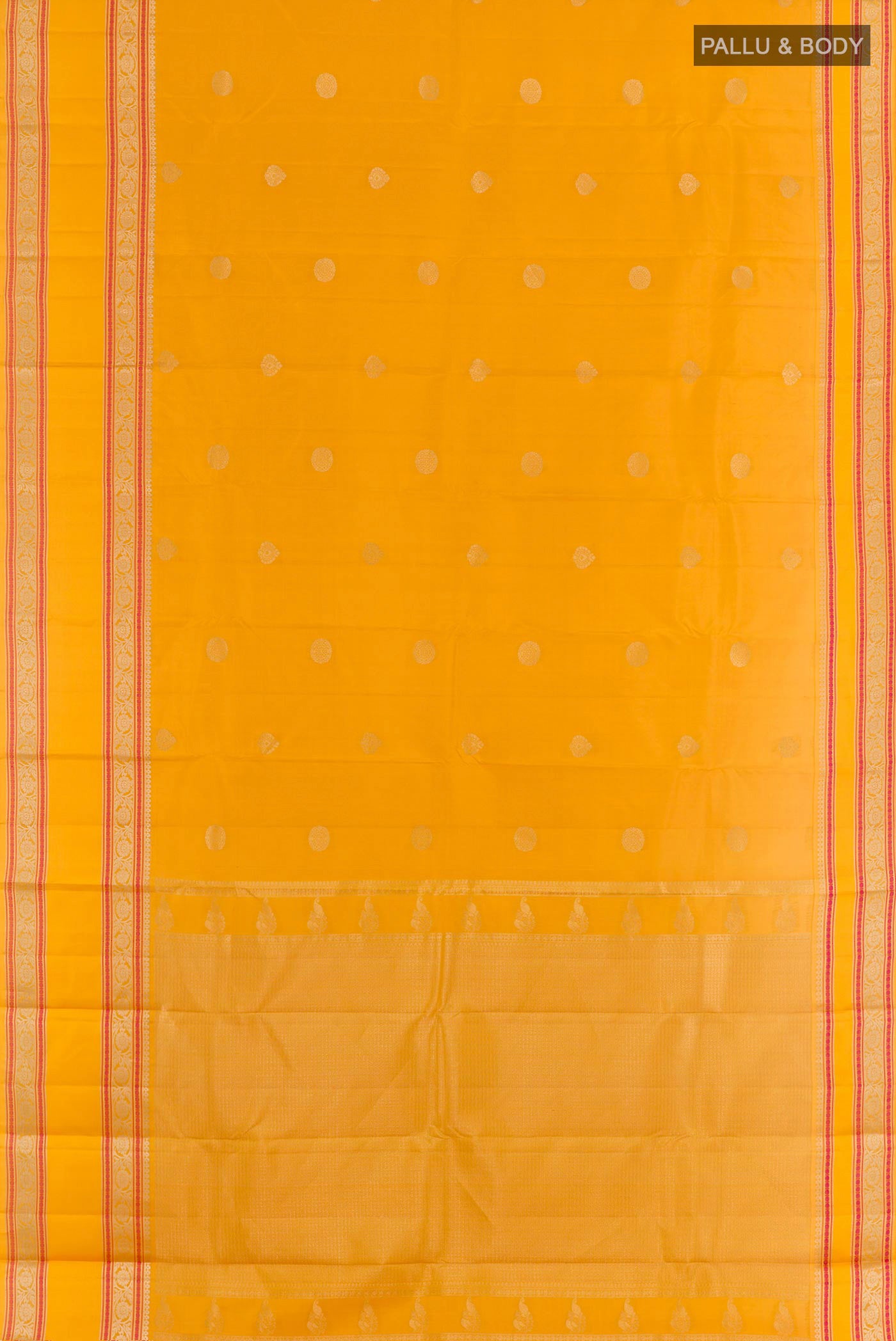 Flat view of Yellow Dual Tone Kanchipuram Silk Saree with Zari Butta on the body and Zari Border. 