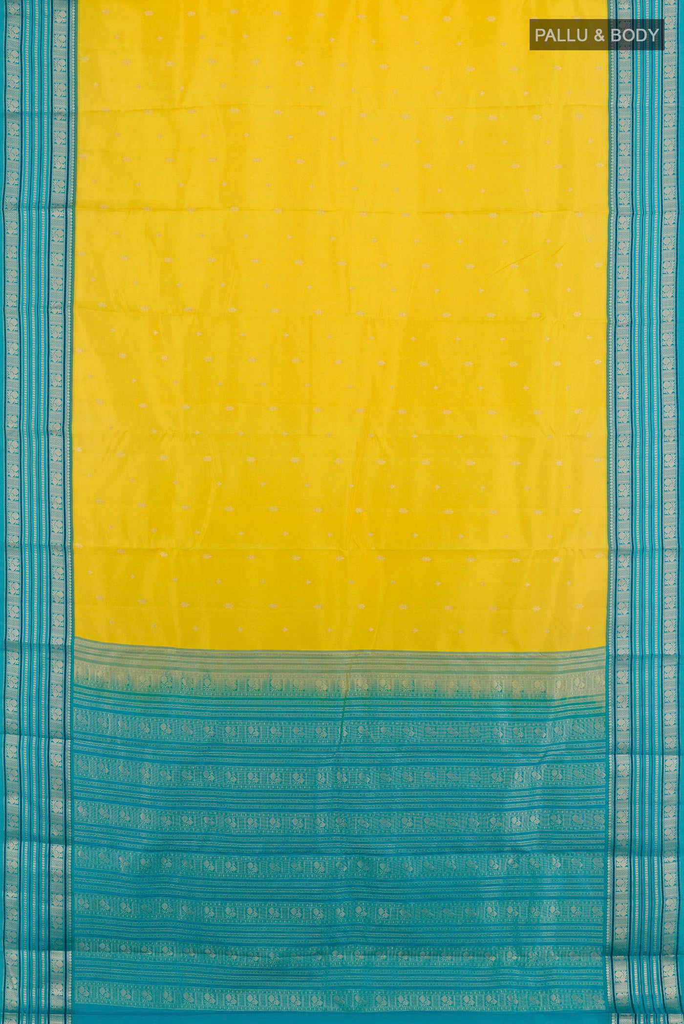 Flat view of Yellow Kanjivaram Silk Saree with Zari Butta on the body and Zari Border. 