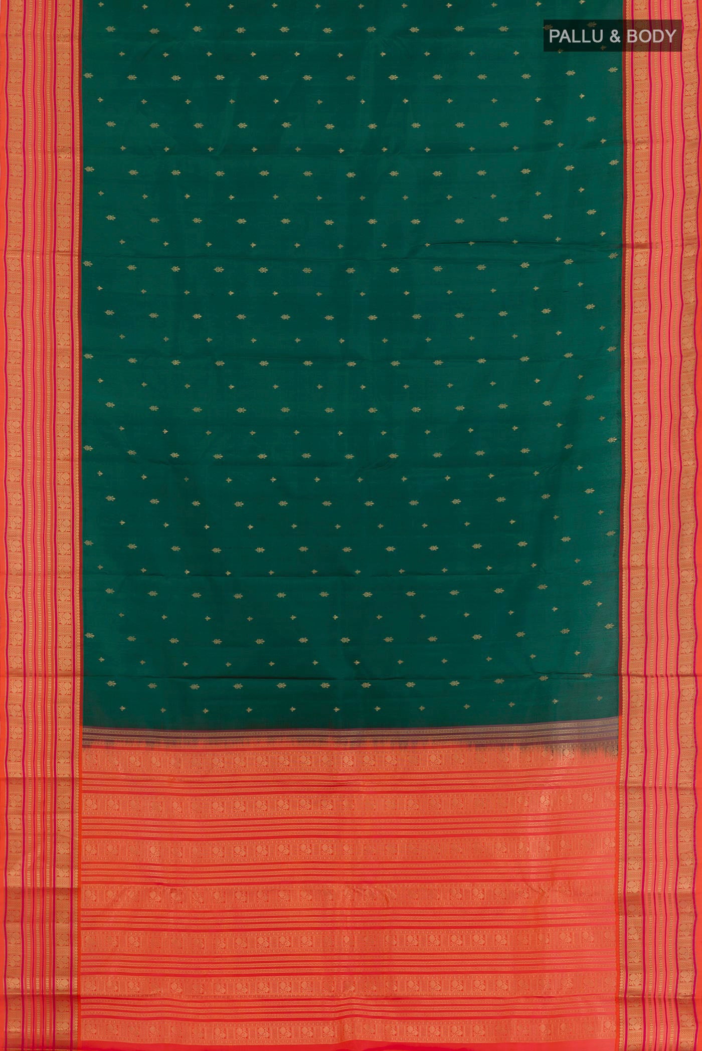 Flat view of Green Kanjivaram Silk Saree with Zari Butta on the body and Zari Border. 