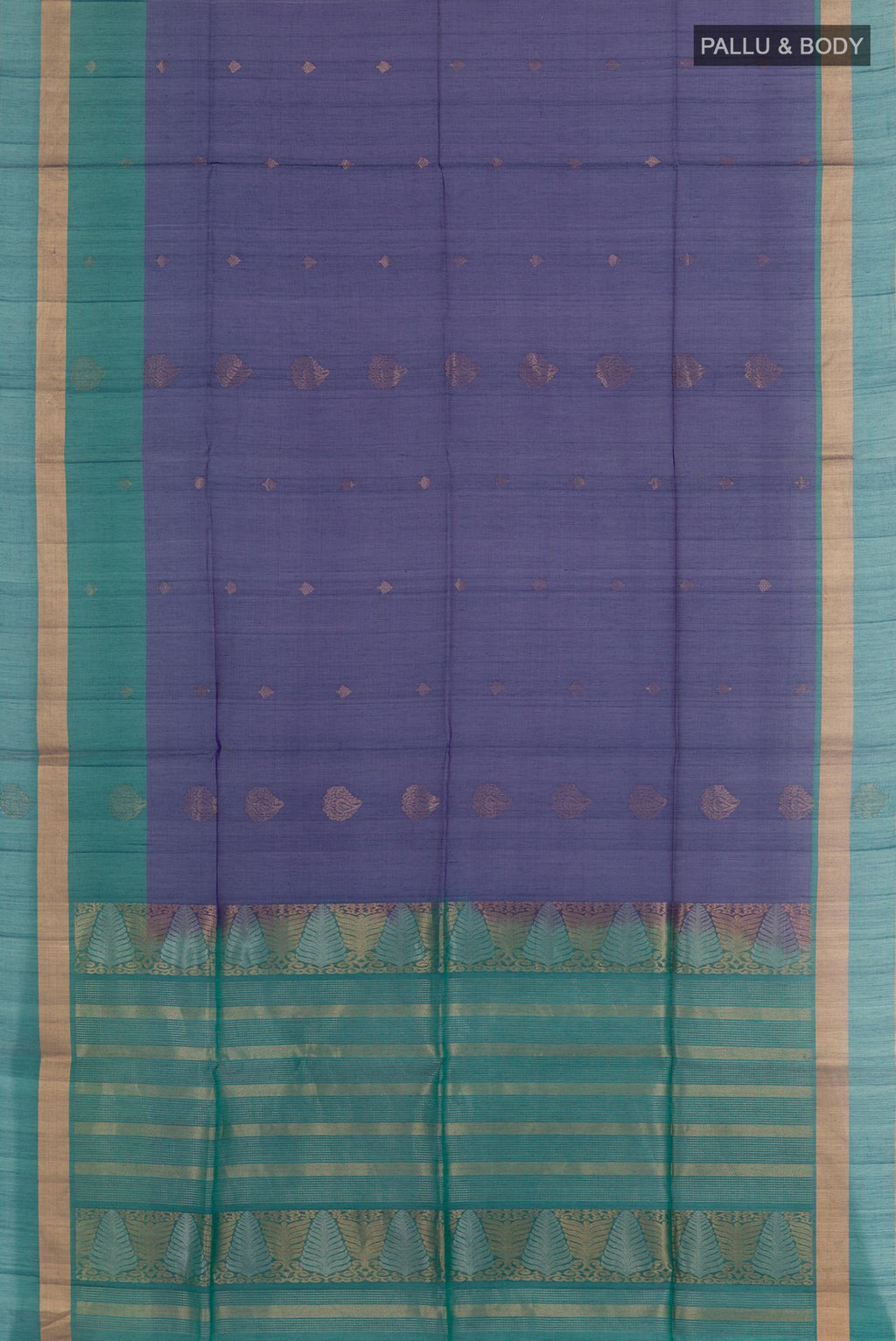 Flat view of Blue Blended Kora Cotton Saree with Zari Butta on the body and Zari Border. 