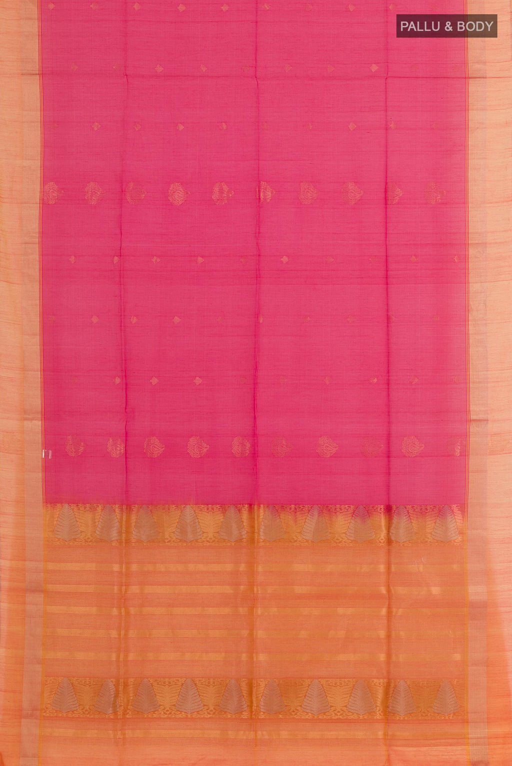 Flat view of Dark Pink Kora Cotton Saree with Zari Butta on the body and Zari Border. 