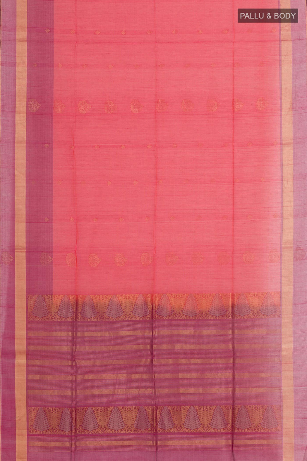 Flat view of Dark Pink Blended Kora Cotton Saree with Zari Butta on the body and Zari Border. 