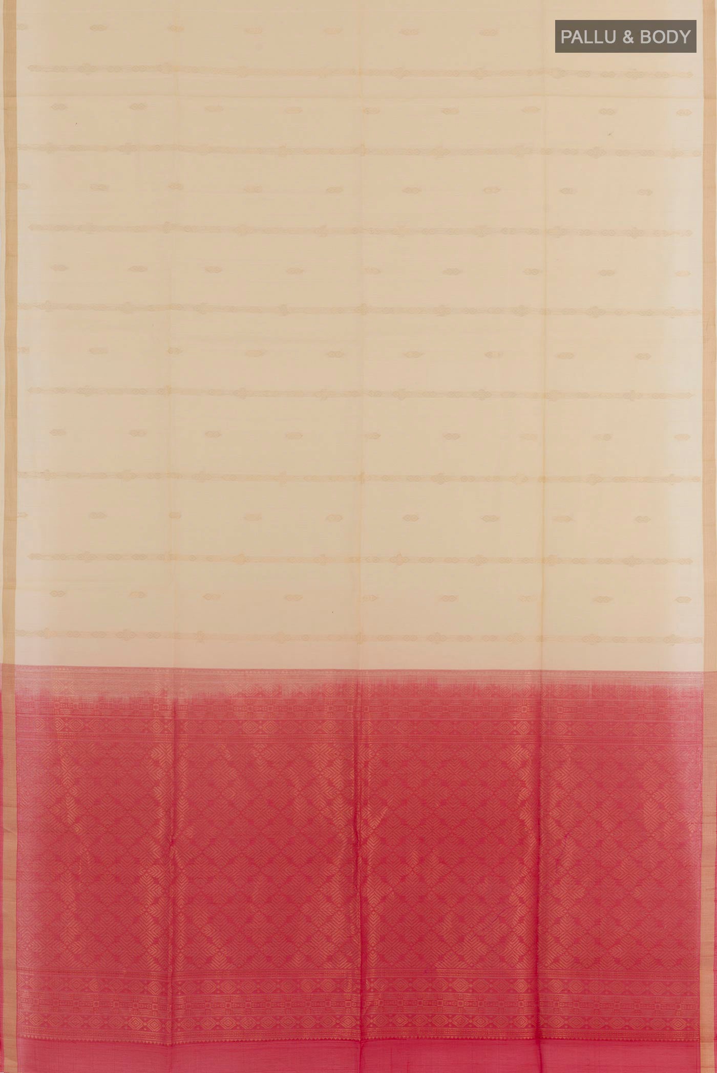 Flat view of Cream Blended Kora Cotton Saree with Zari Butta on the body and Zari Border. 