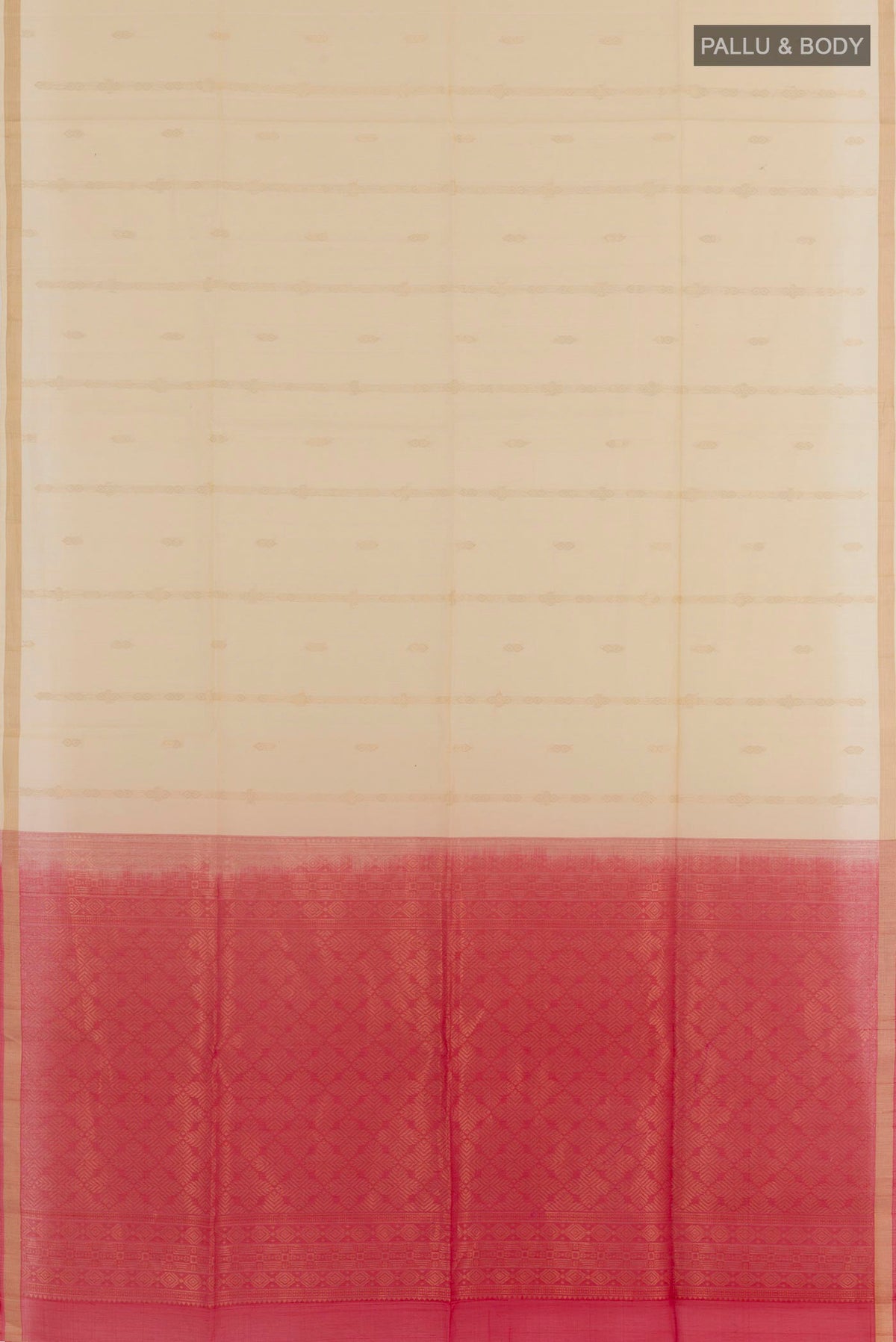 Flat view of Cream Blended Kora Cotton Saree with Zari Butta on the body and Zari Border. 