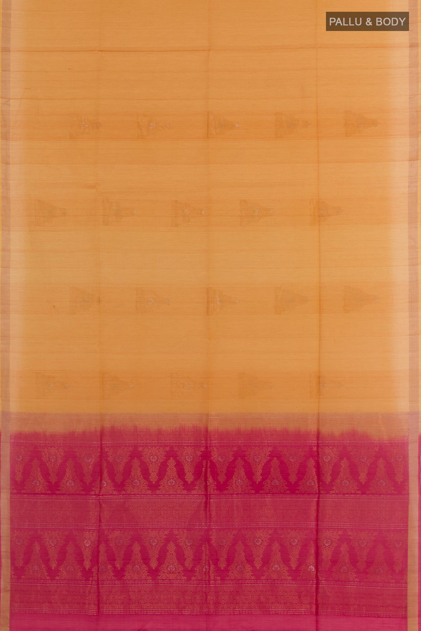 Flat view of Yellow Blended Kora Cotton Saree with Zari Butta on the body and Zari Border. 