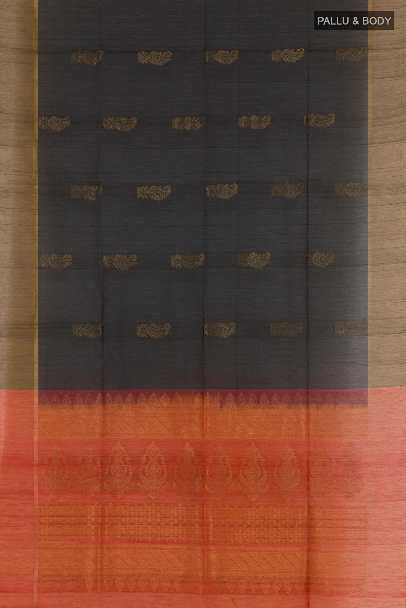 Flat view of Black Blended Kora Cotton Saree with Zari Butta on the body and Zari Border. 