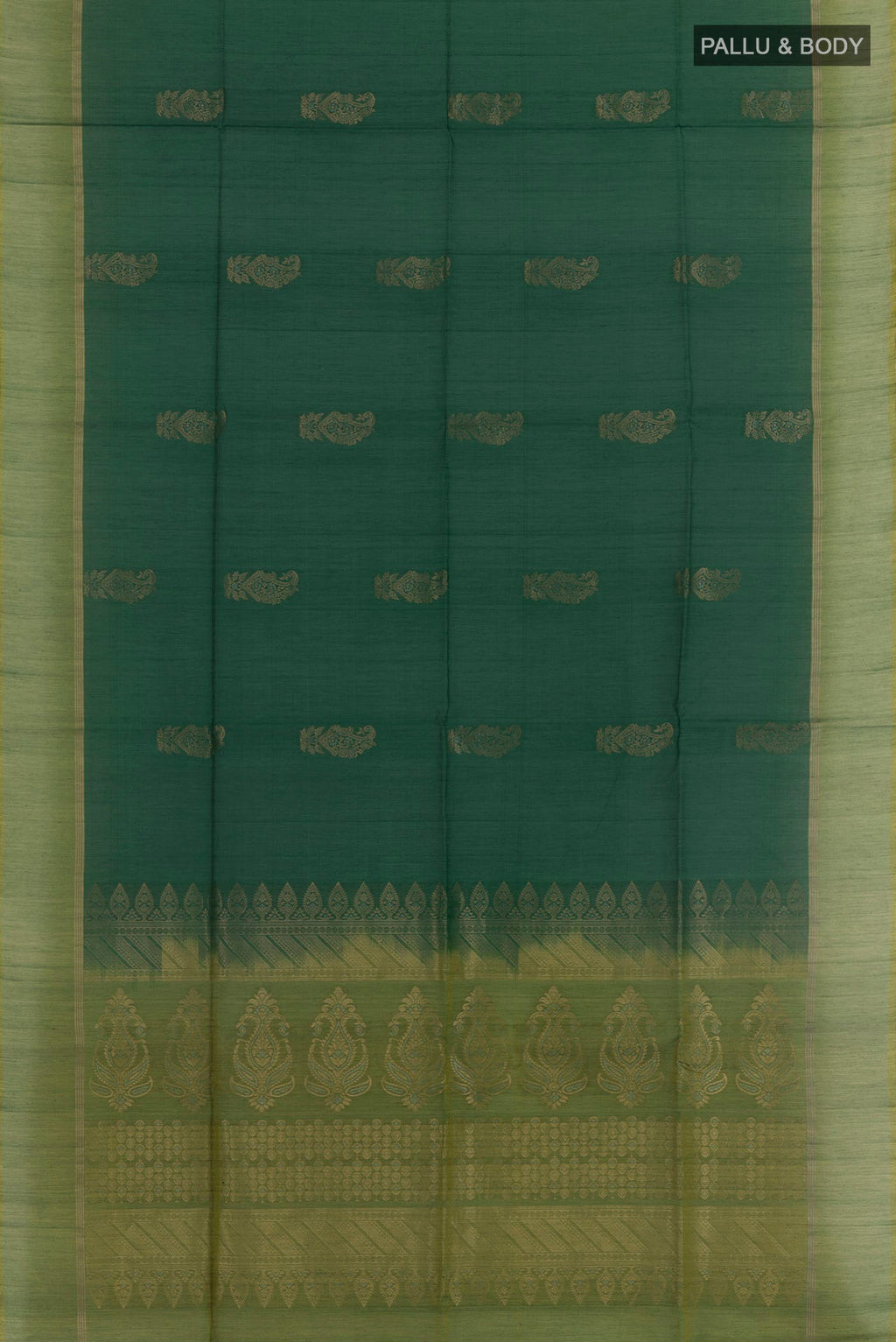 Flat view of Bottle Green Blended Kora Cotton Saree with Zari Butta on the body and Zari Border. 