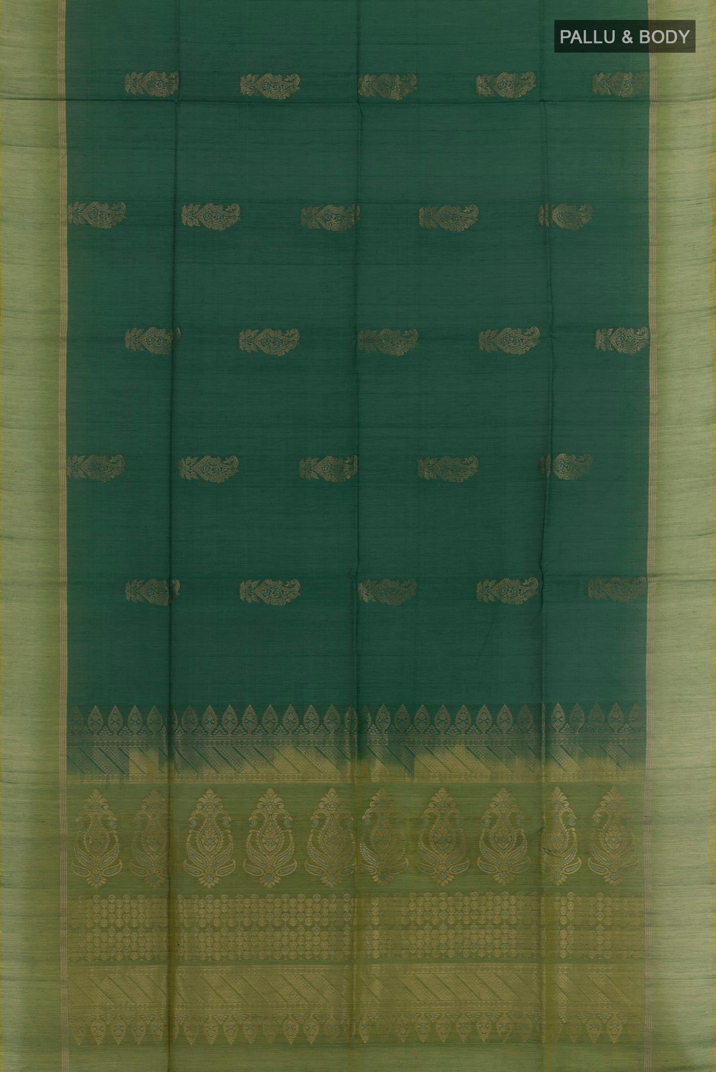 Flat view of Bottle Green Blended Kora Cotton Saree with Zari Butta on the body and Zari Border. 