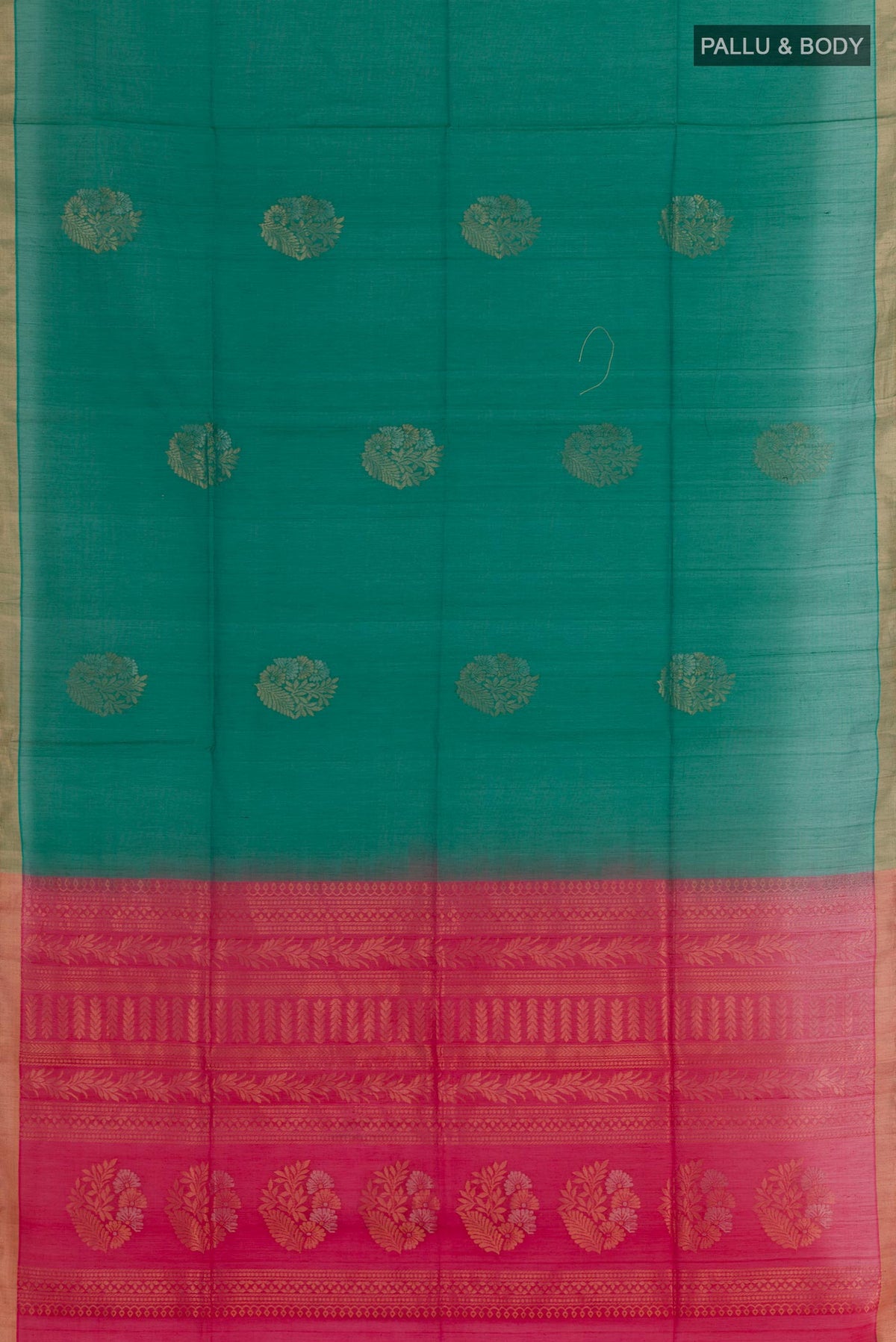 Flat view of Green Blended Kora Cotton Saree with Zari Butta on the body and Zari Border. 