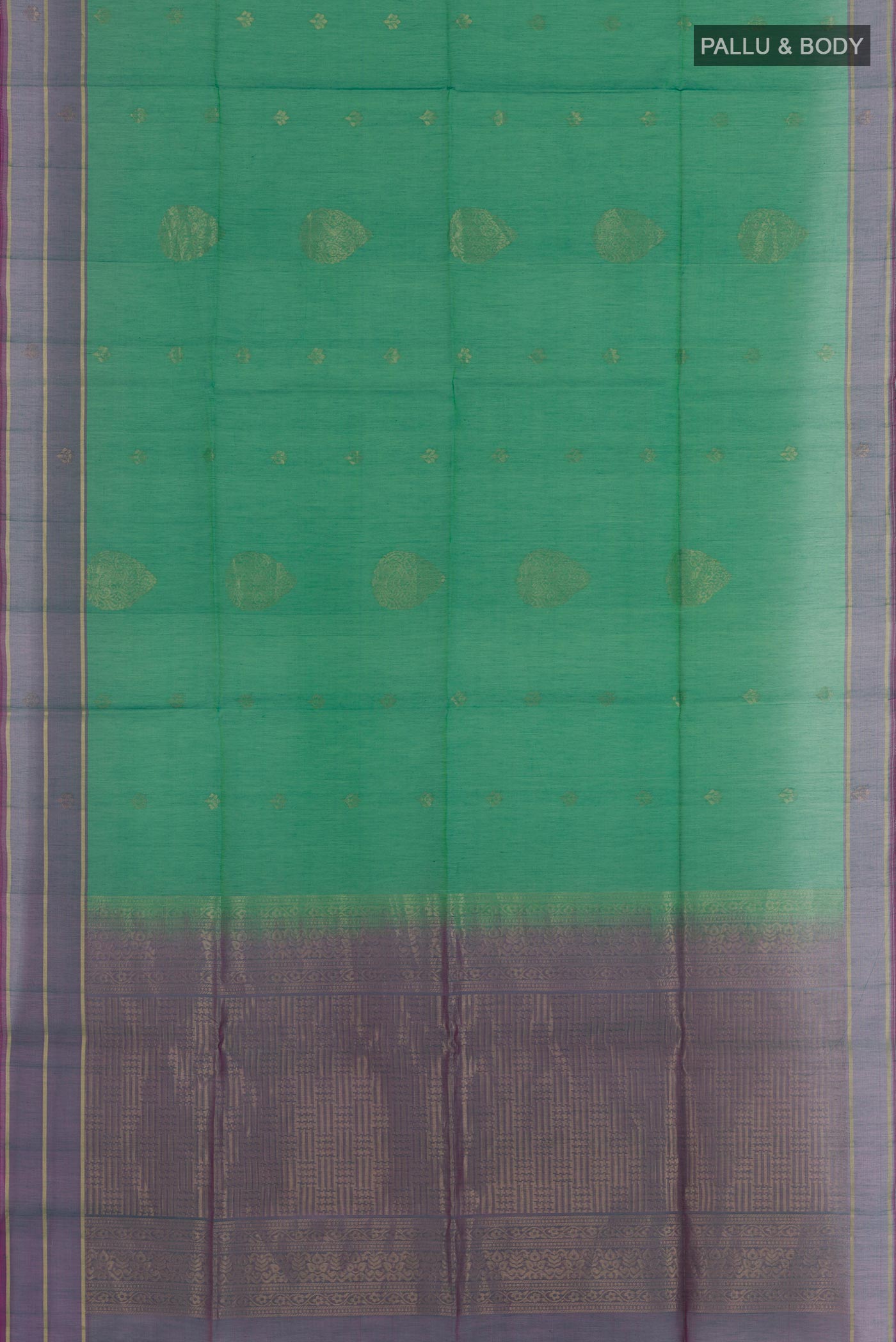 Flat view of Green Blended Kora Cotton Saree with Zari Butta on the body and Zari Border. 