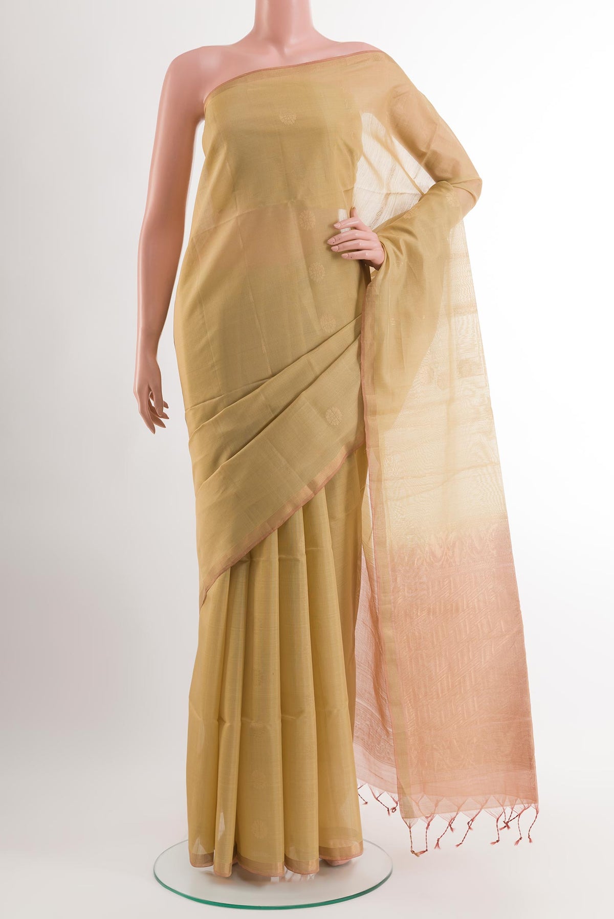 Lemon Yellow Blended Kora Cotton Saree with Zari Butta on the body and Zari Border.  displayed on a mannequin