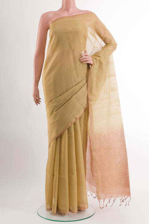 Lemon Yellow Blended Kora Cotton Saree with Zari Butta on the body and Zari Border.  displayed on a mannequin