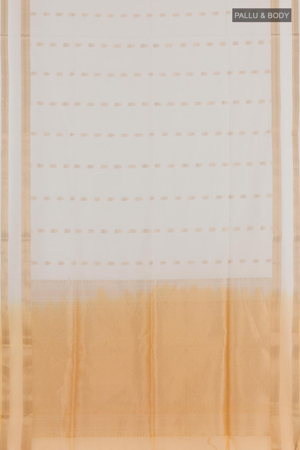 Flat view of Off White Blended Kora Cotton Saree with Zari Butta on the body and Zari Border. 