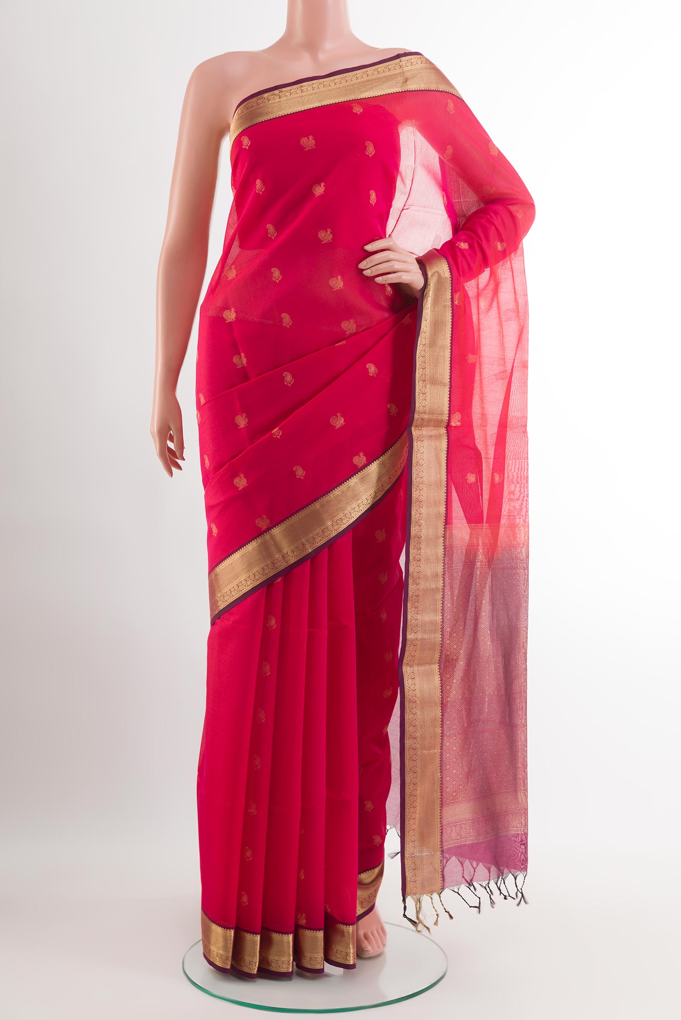 Dark Pink Blended Kora Cotton Saree with Zari Butta on the body and Zari Border.  displayed on a mannequin