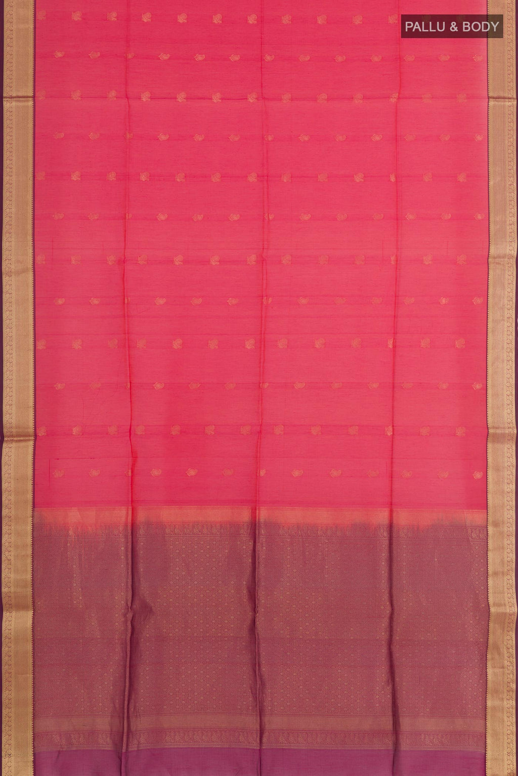 Flat view of Dark Pink Blended Kora Cotton Saree with Zari Butta on the body and Zari Border. 