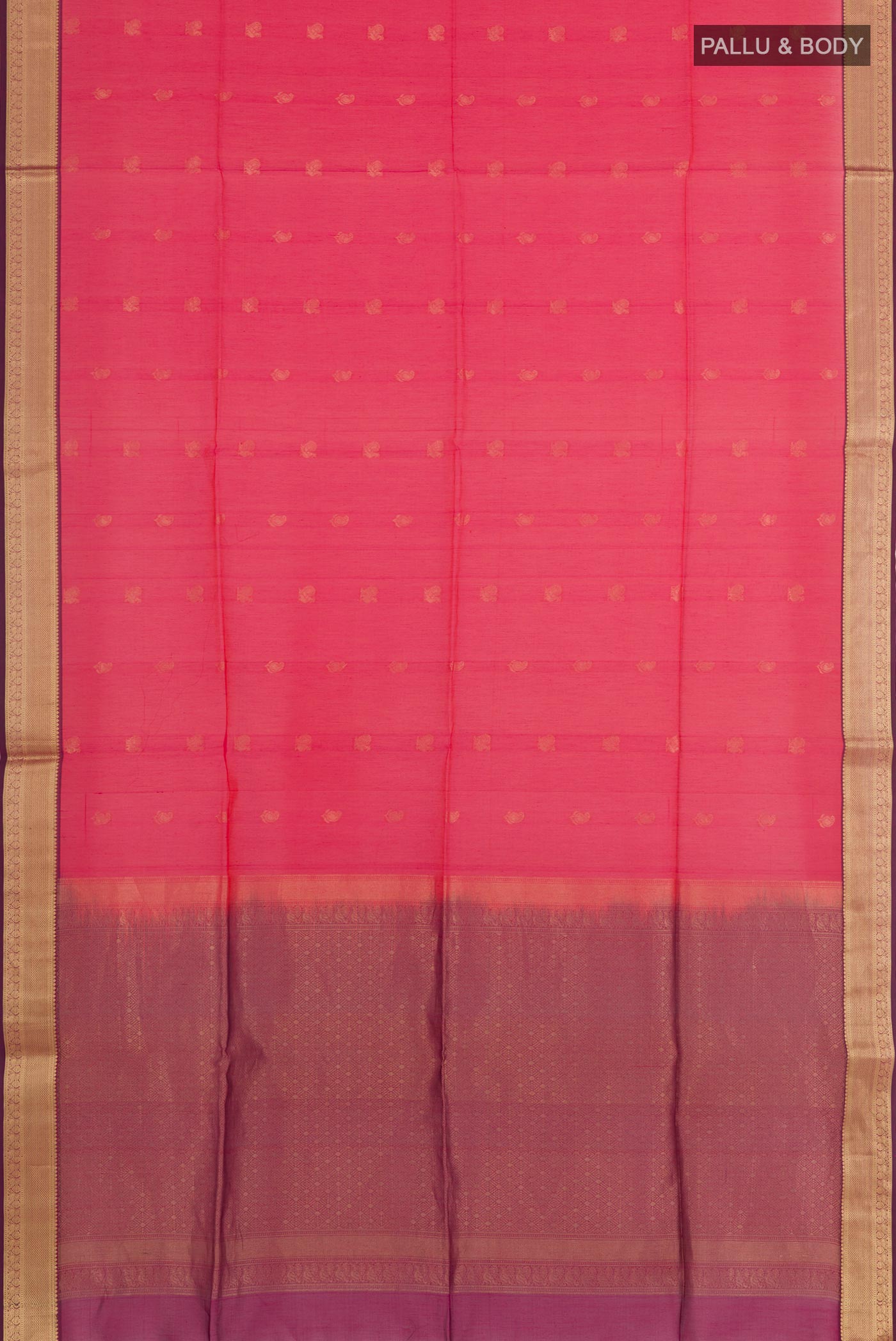Flat view of Dark Pink Blended Kora Cotton Saree with Zari Butta on the body and Zari Border. 