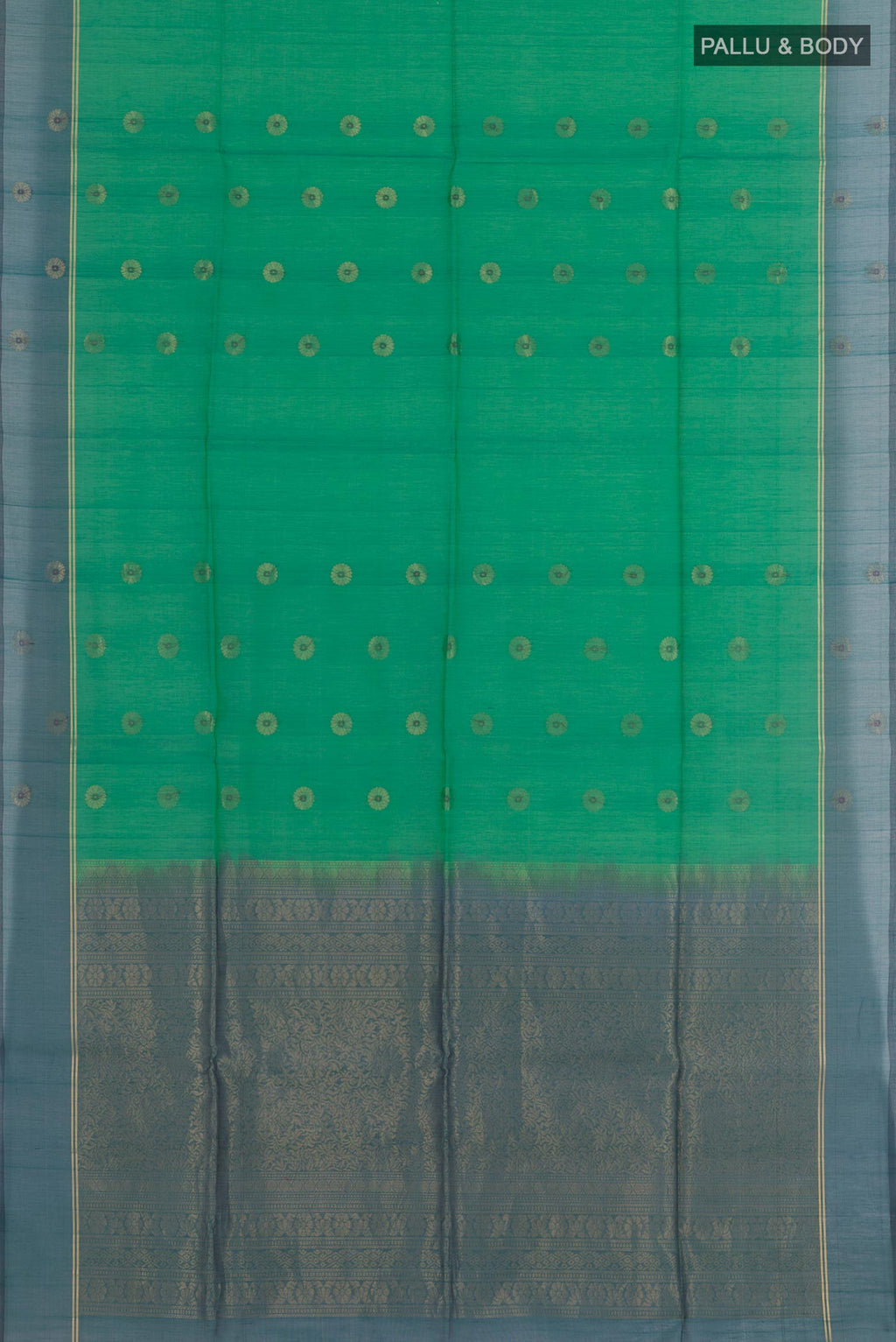 Flat view of Green Blended Kora Cotton Saree with Zari Butta on the body and Zari Border. 