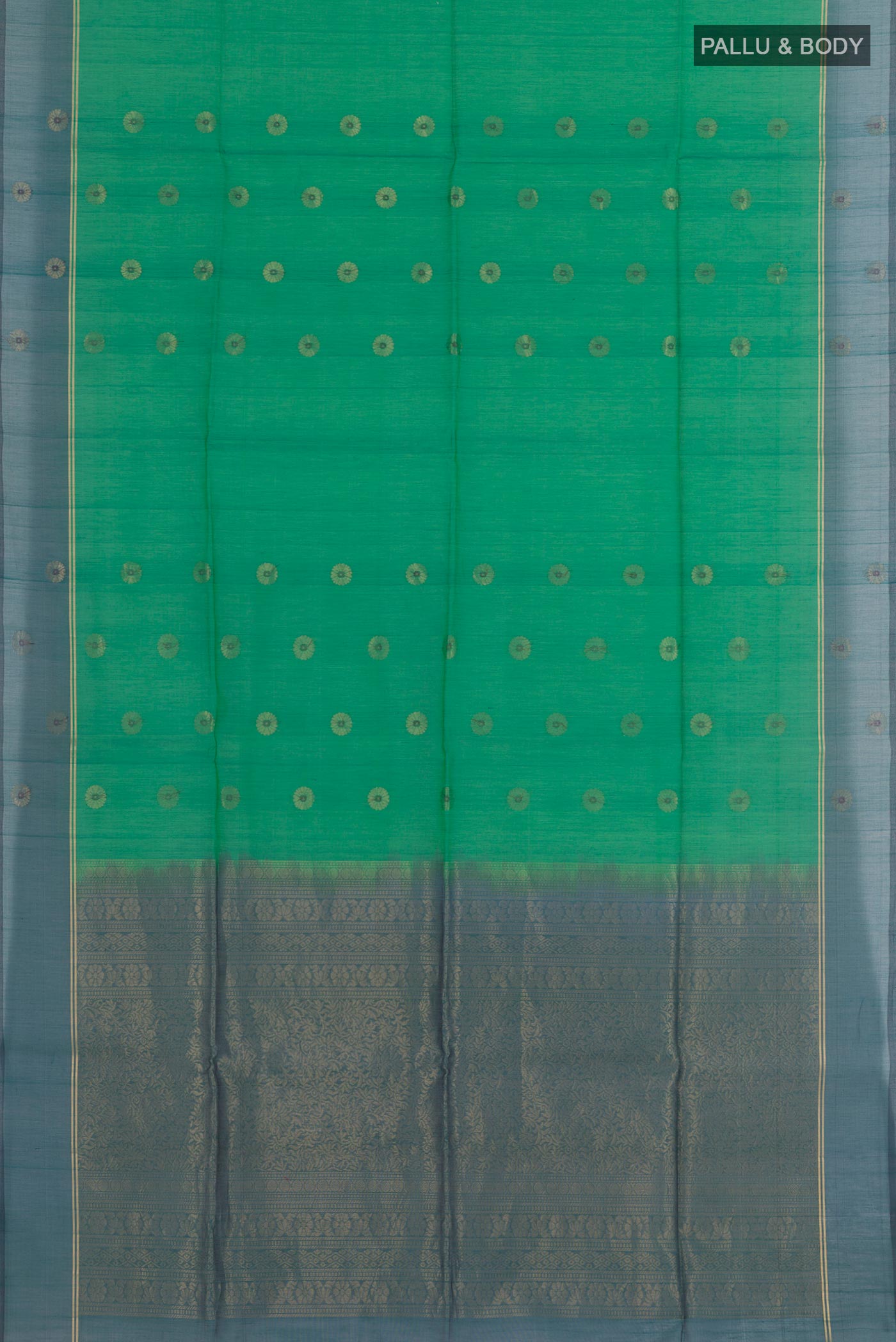 Flat view of Green Blended Kora Cotton Saree with Zari Butta on the body and Zari Border. 