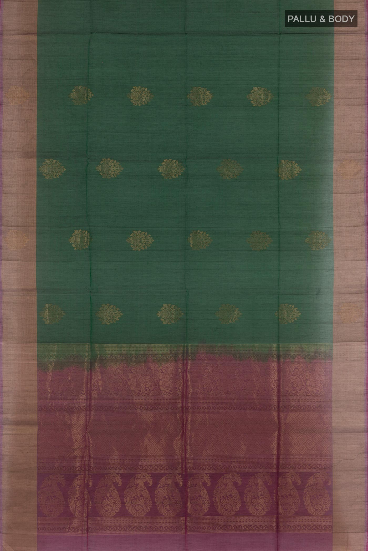 Flat view of Bottle Green Blended Kora Cotton Saree with Zari Butta on the body and Zari Border. 