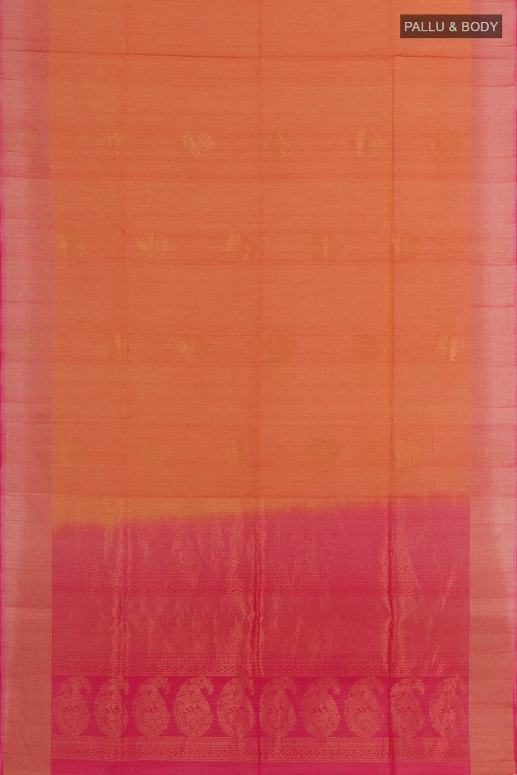 Flat view of Orange Blended Kora Cotton Saree with Zari Butta on the body and Zari Border. 