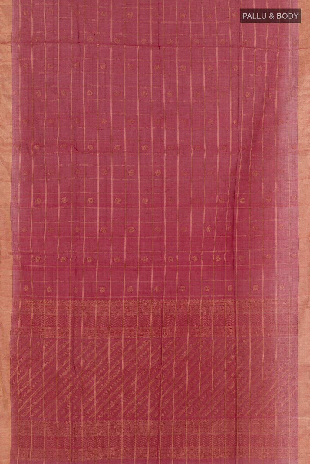 Flat view of Red Blended Kora Cotton Saree with Zari Butta on the body and Zari Border. 
