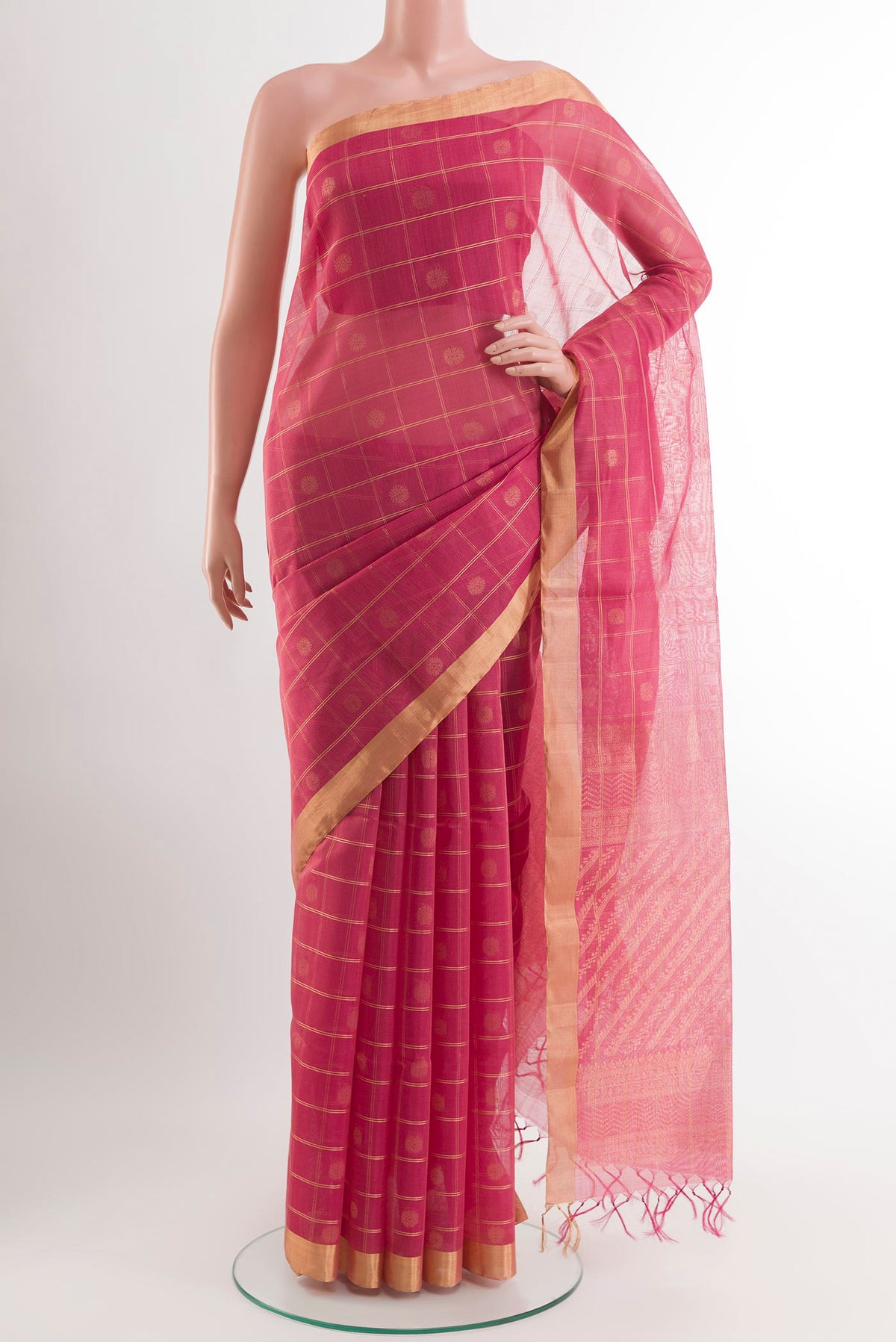 Pink Blended Kora Cotton Saree with Zari Butta on the body and Zari Border.  displayed on a mannequin