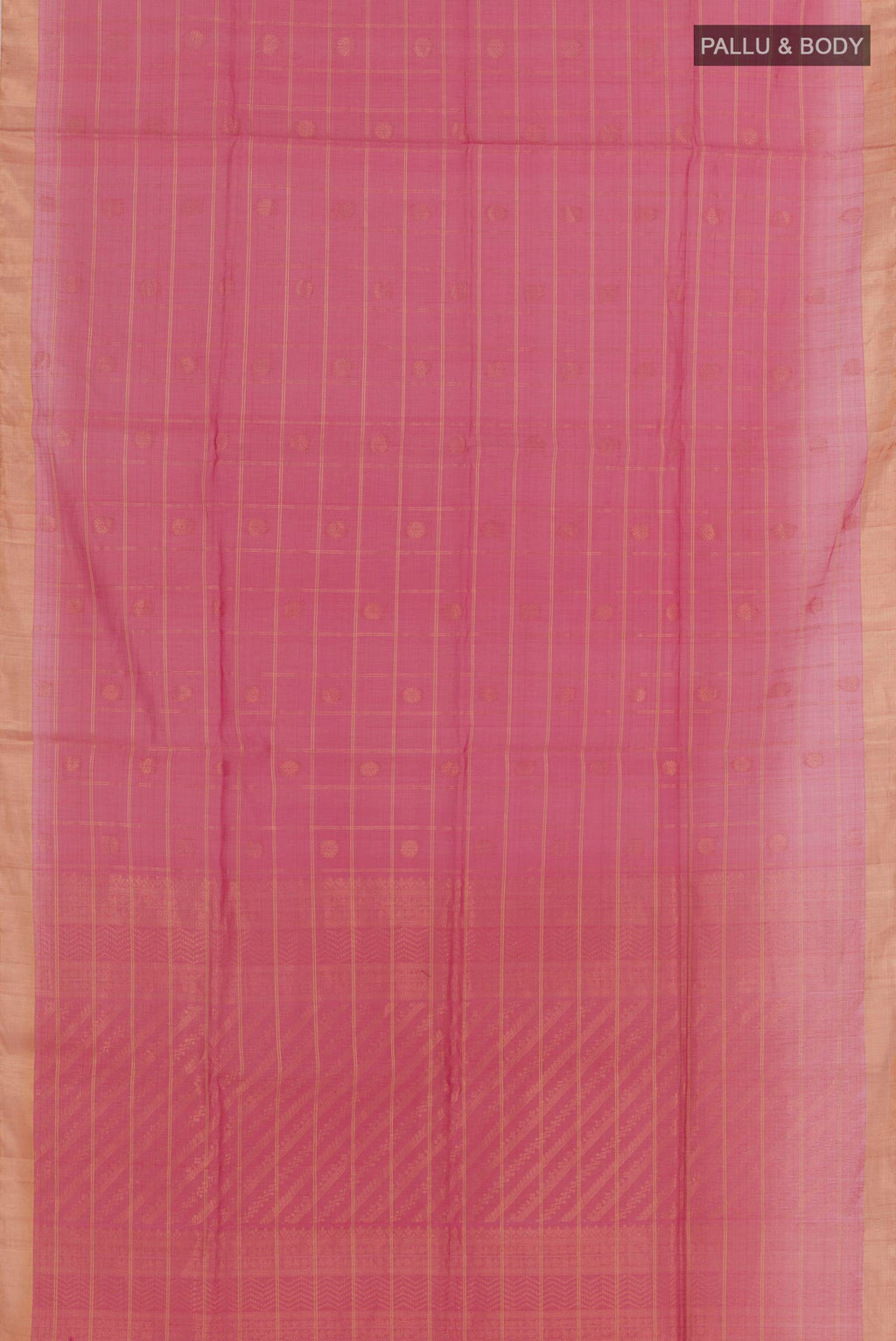 Flat view of Pink Blended Kora Cotton Saree with Zari Butta on the body and Zari Border. 