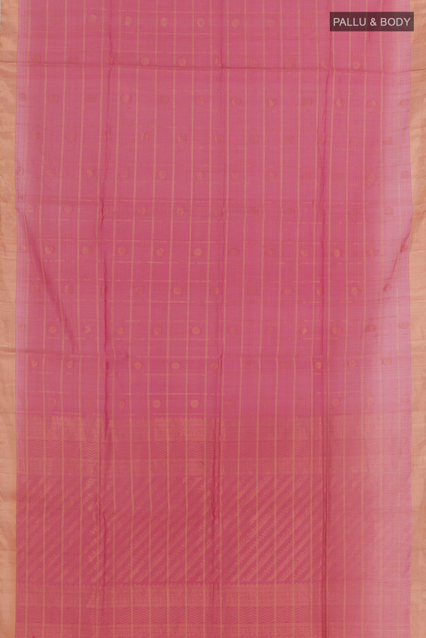 Flat view of Pink Blended Kora Cotton Saree with Zari Butta on the body and Zari Border. 