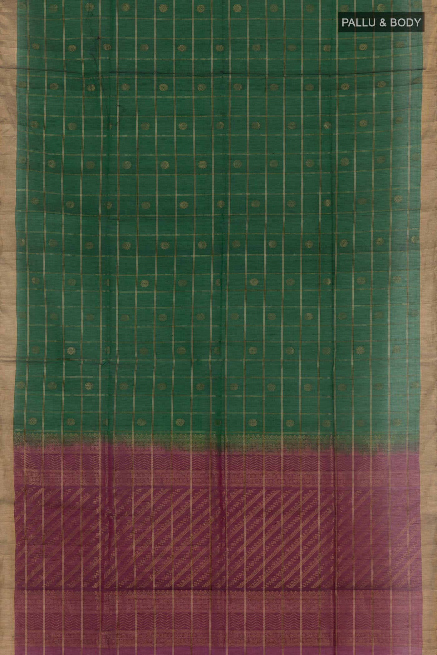 Flat view of Bottle Green Blended Kora Cotton Saree with Zari Butta on the body and Zari Border. 