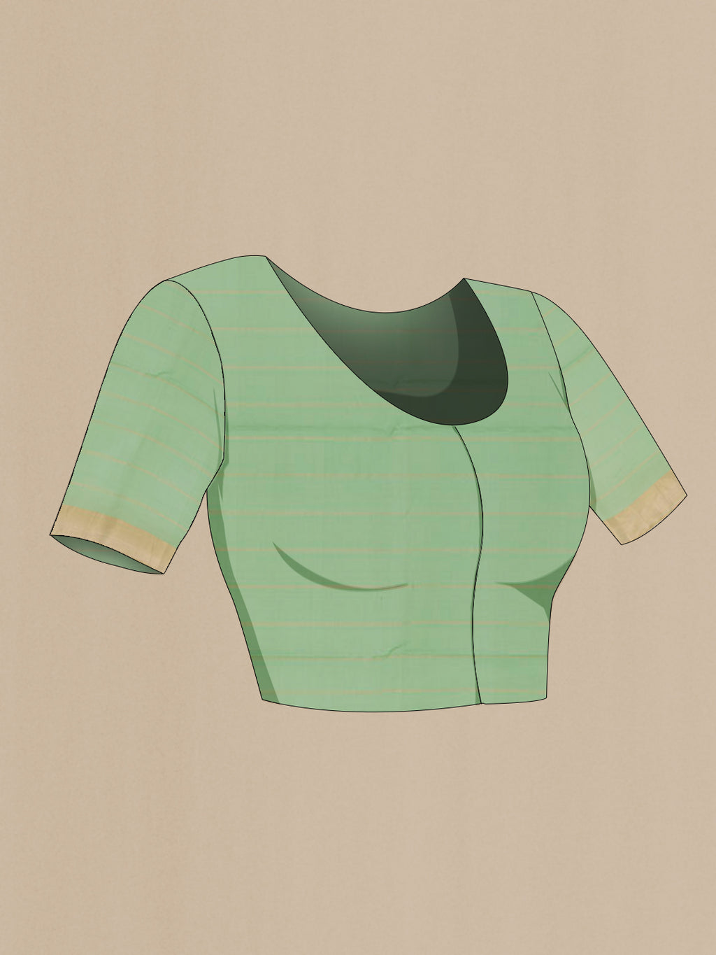 Close up image of the blouse of Green Blended Kora Cotton Saree with Zari Butta on the body and Zari Border. 