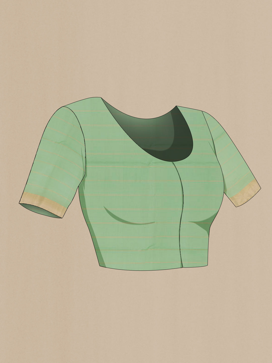 Close up image of the blouse of Green Blended Kora Cotton Saree with Zari Butta on the body and Zari Border. 