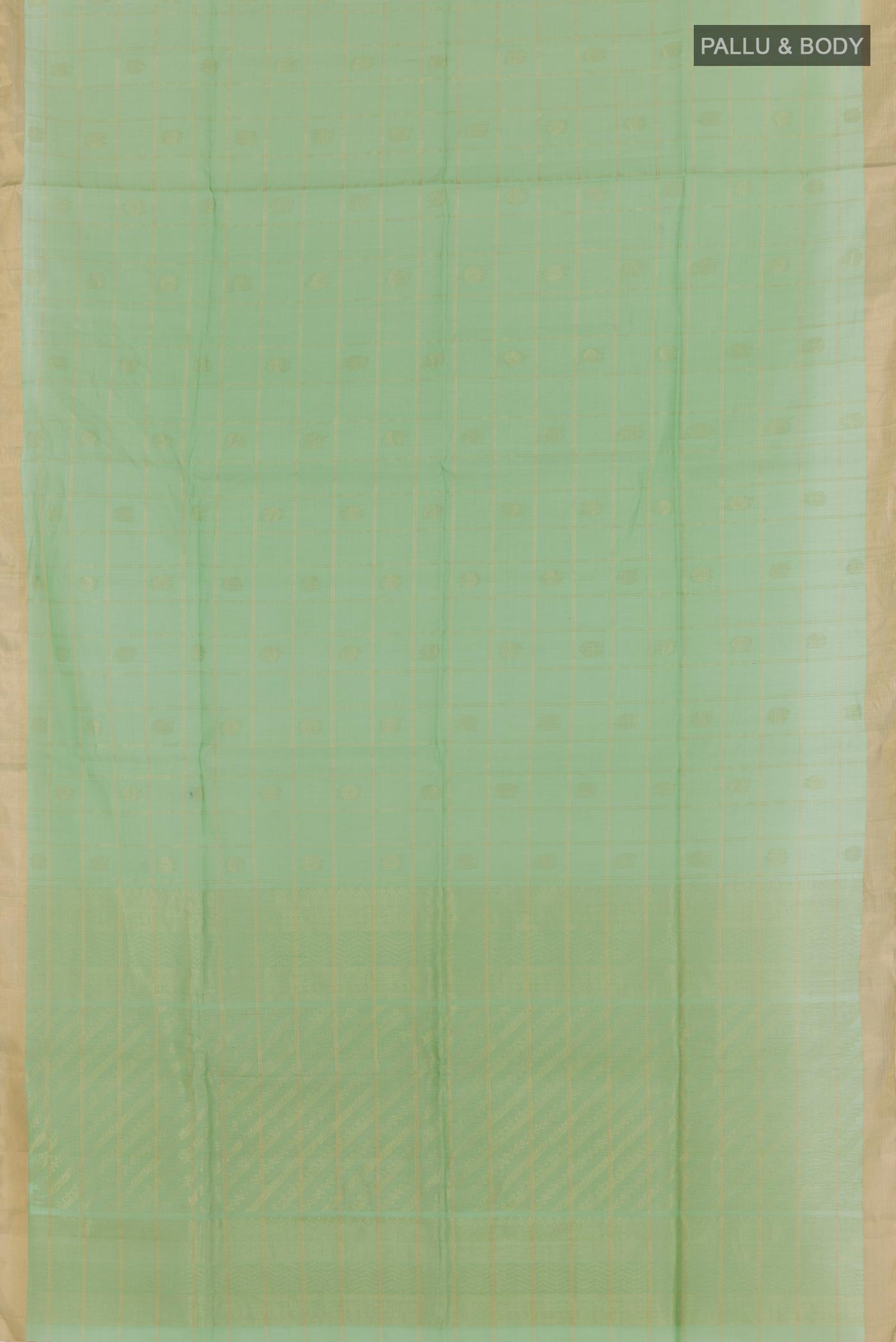 Flat view of Green Blended Kora Cotton Saree with Zari Butta on the body and Zari Border. 