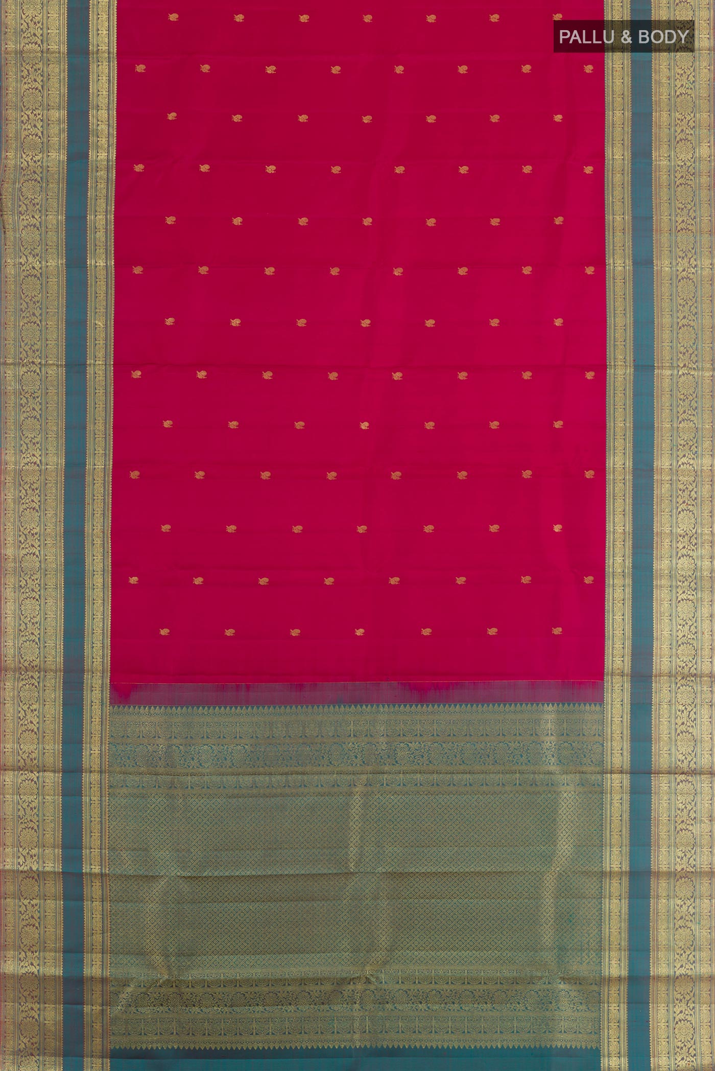 Flat view of Maroon Kanchipuram Silk Saree with Zari Brocade on the body and Zari Border. 