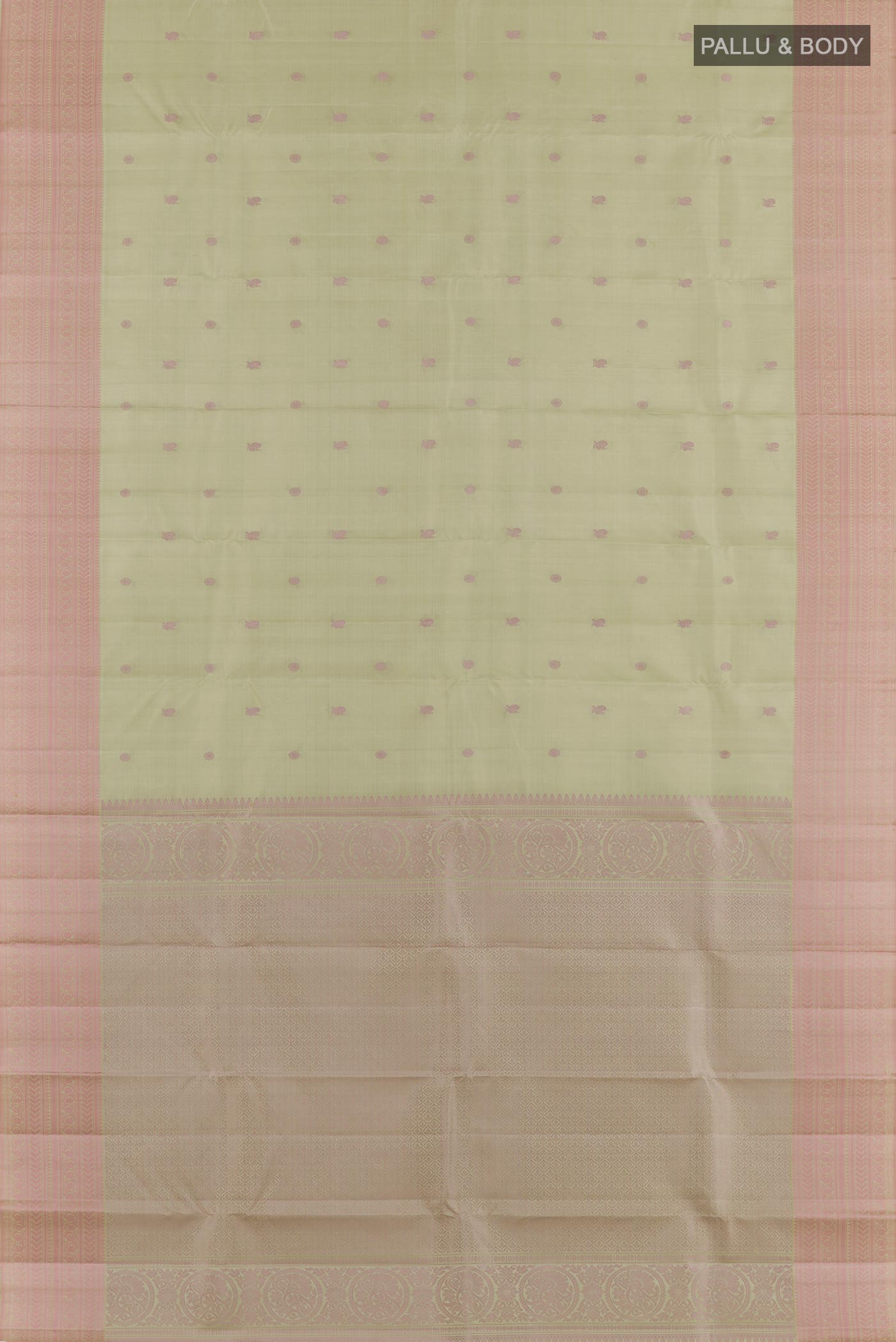 Flat view of Sage Green Kanchipuram Silk Saree with Thread Butta on the body and Thread Embroidery Border. 