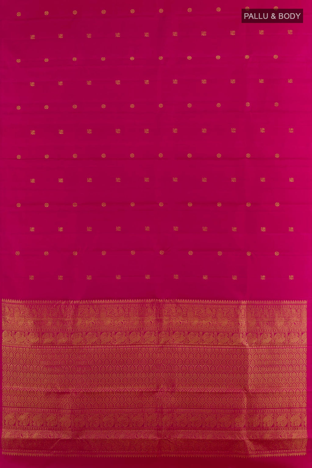 Flat view of Pink Kanchipuram Silk Saree with Zari Butta on the body and Without Border. 