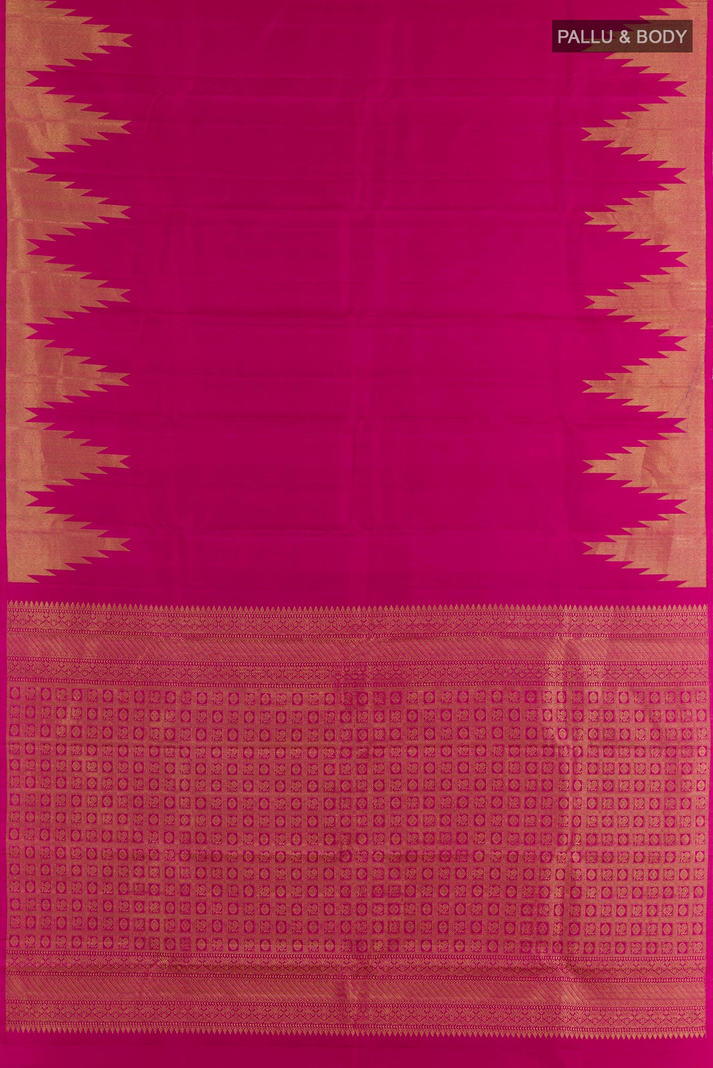 Flat view of Rani Pink Kanchipuram Silk Saree with Plain Body and Zari Border. 