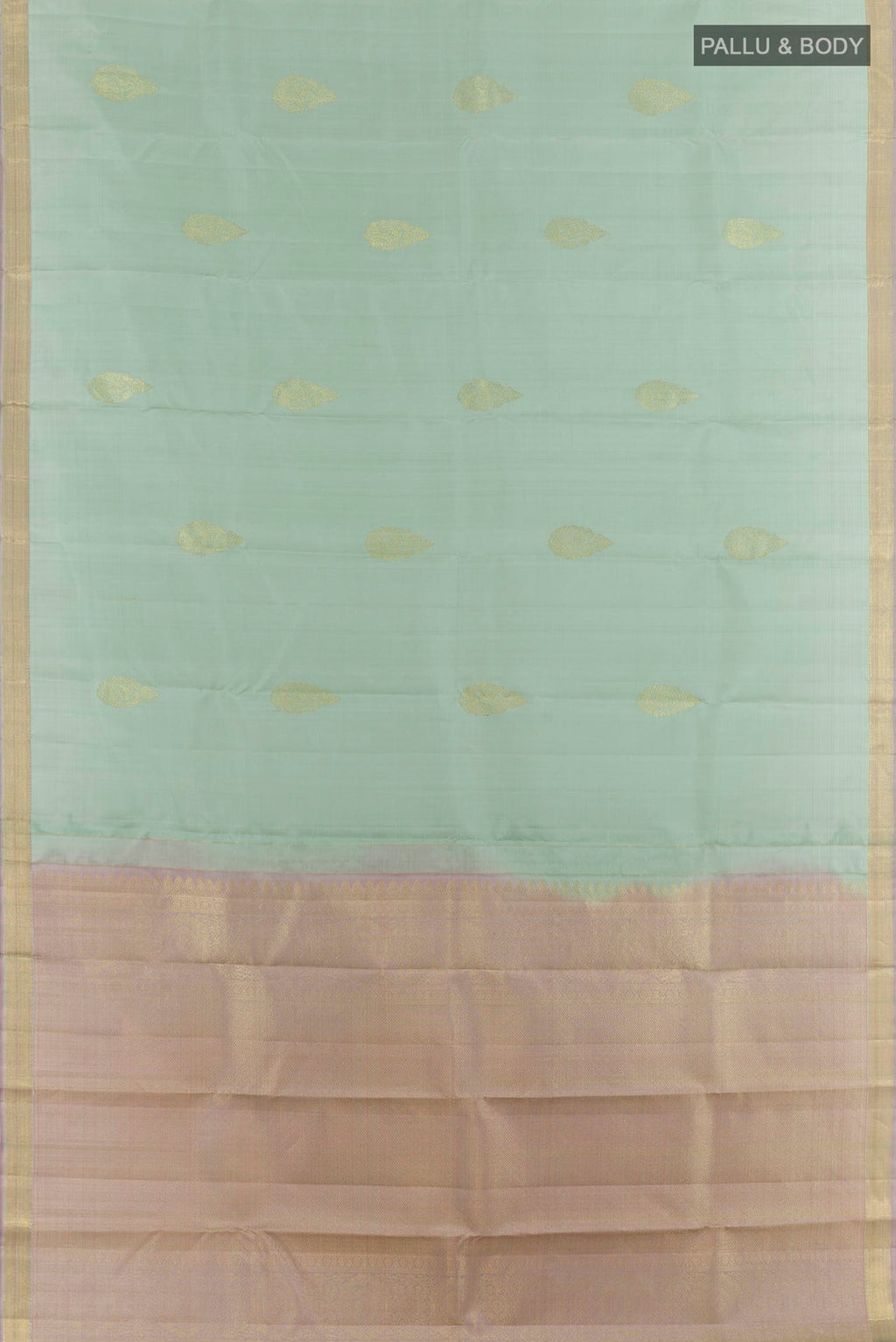 Flat view of Sage Green Kanchipuram Silk Saree with Zari Butta on the body and Zari Border. 