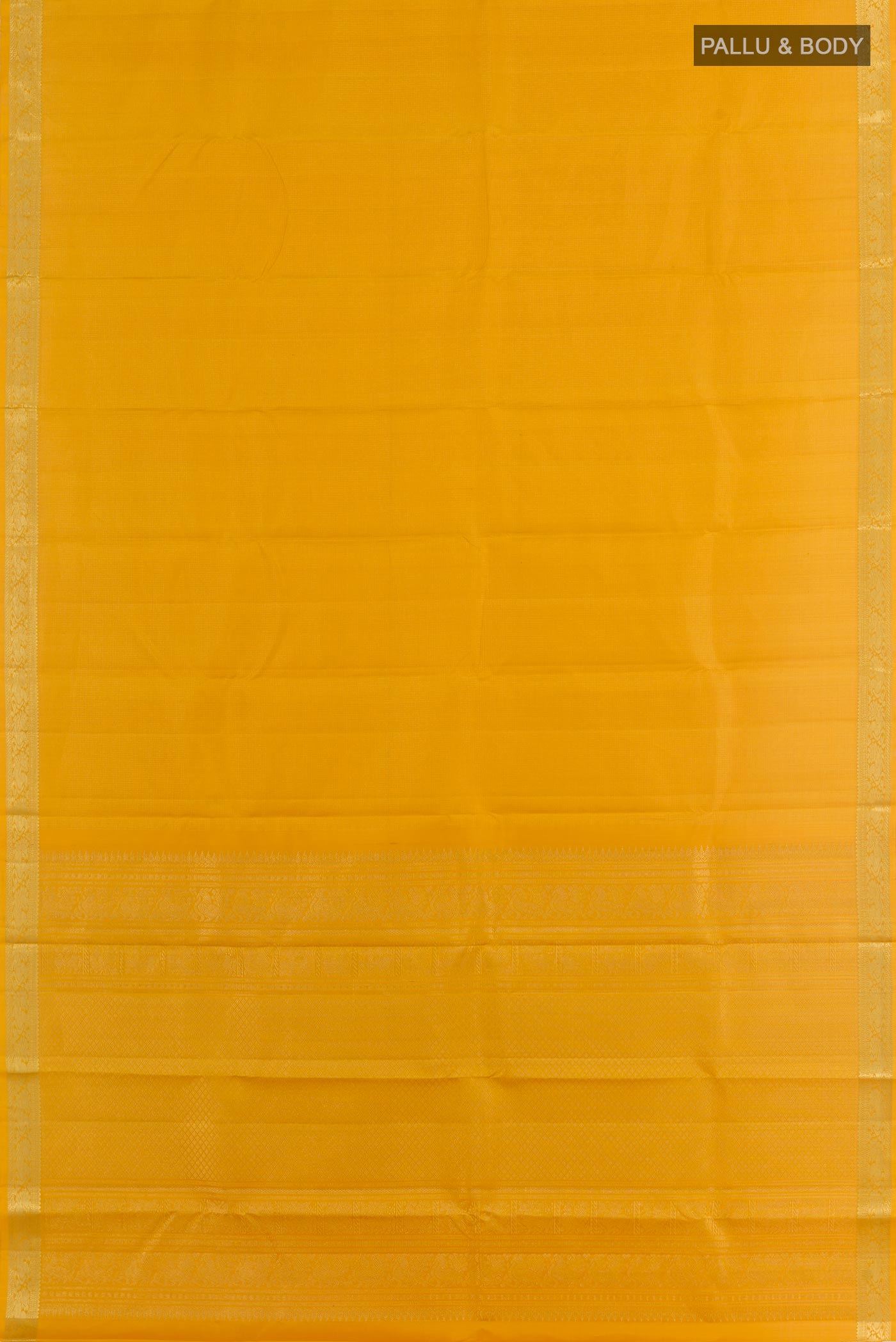 Flat view of Yellow Kanchipuram Silk Saree with Zari Butta on the body and Zari Border. 