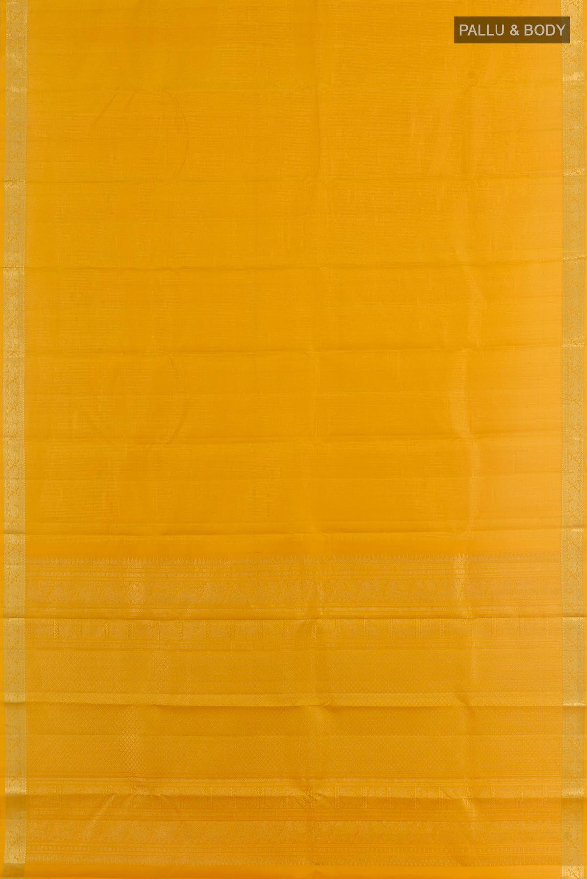 Flat view of Yellow Kanchipuram Silk Saree with Zari Butta on the body and Zari Border. 