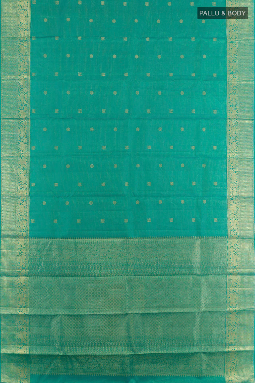 Flat view of Sea Green Kanjivaram Silk Saree with Zari Brocade on the body and Zari Border. 